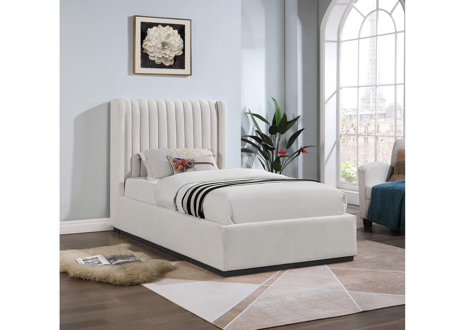 Logan Beige Linen Textured Fabric Twin Bed,Meridian Furniture