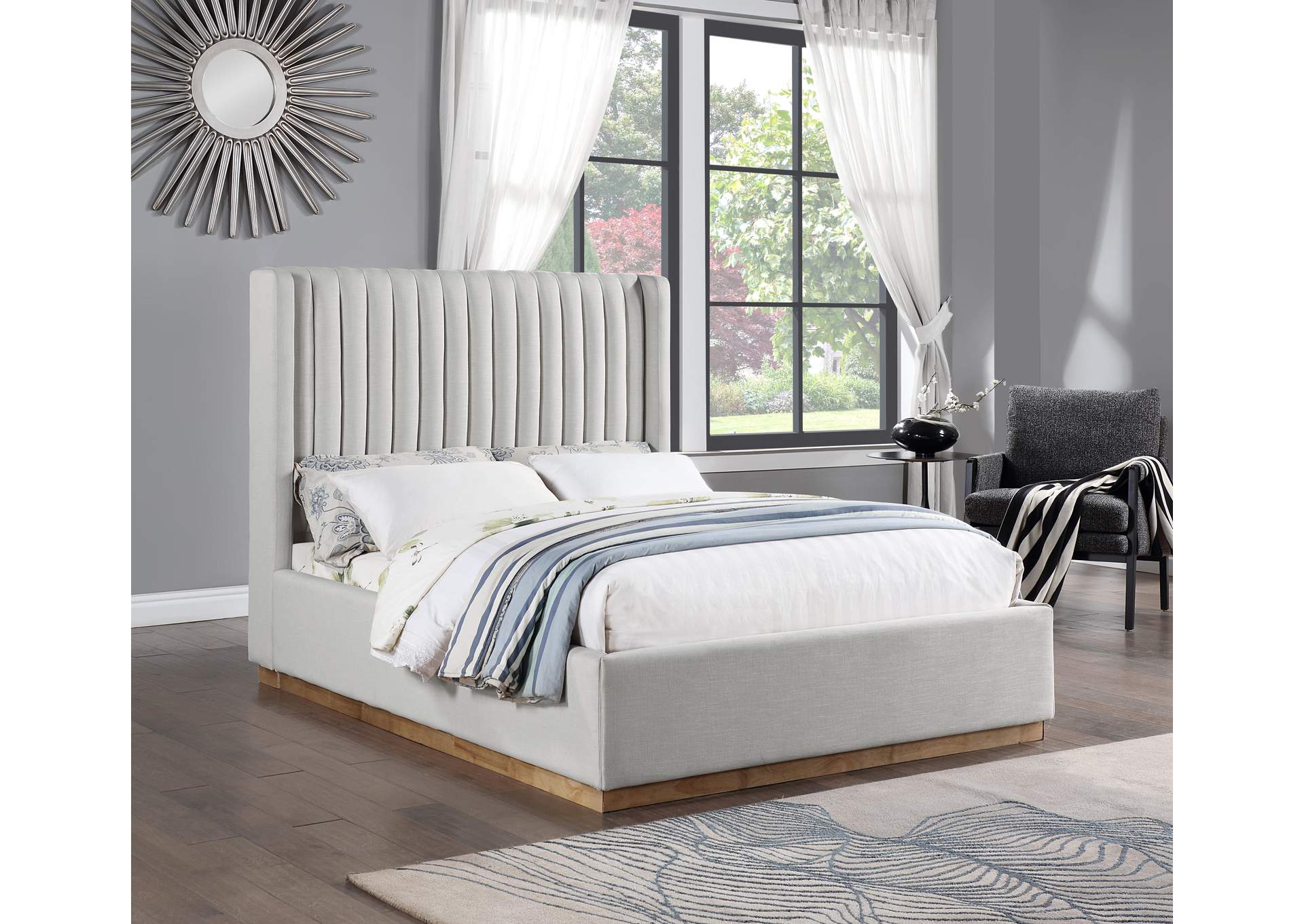 Logan Cream Linen Textured Fabric Queen Bed,Meridian Furniture