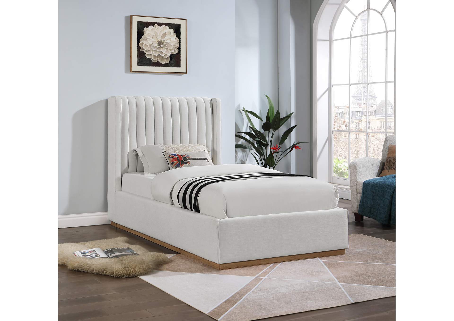 Logan Cream Linen Textured Fabric Twin Bed,Meridian Furniture