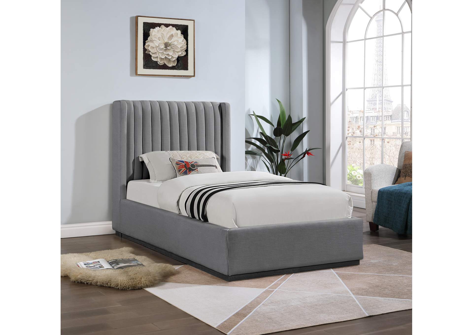 Logan Grey Linen Textured Fabric Twin Bed,Meridian Furniture