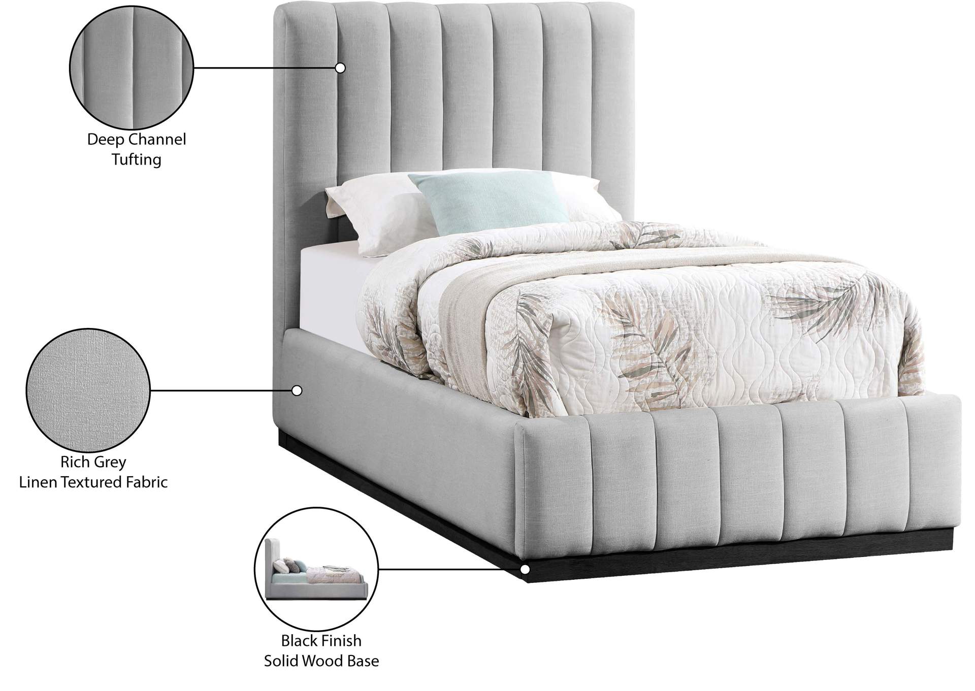 Lucia Grey Linen Textured Fabric Twin Bed,Meridian Furniture