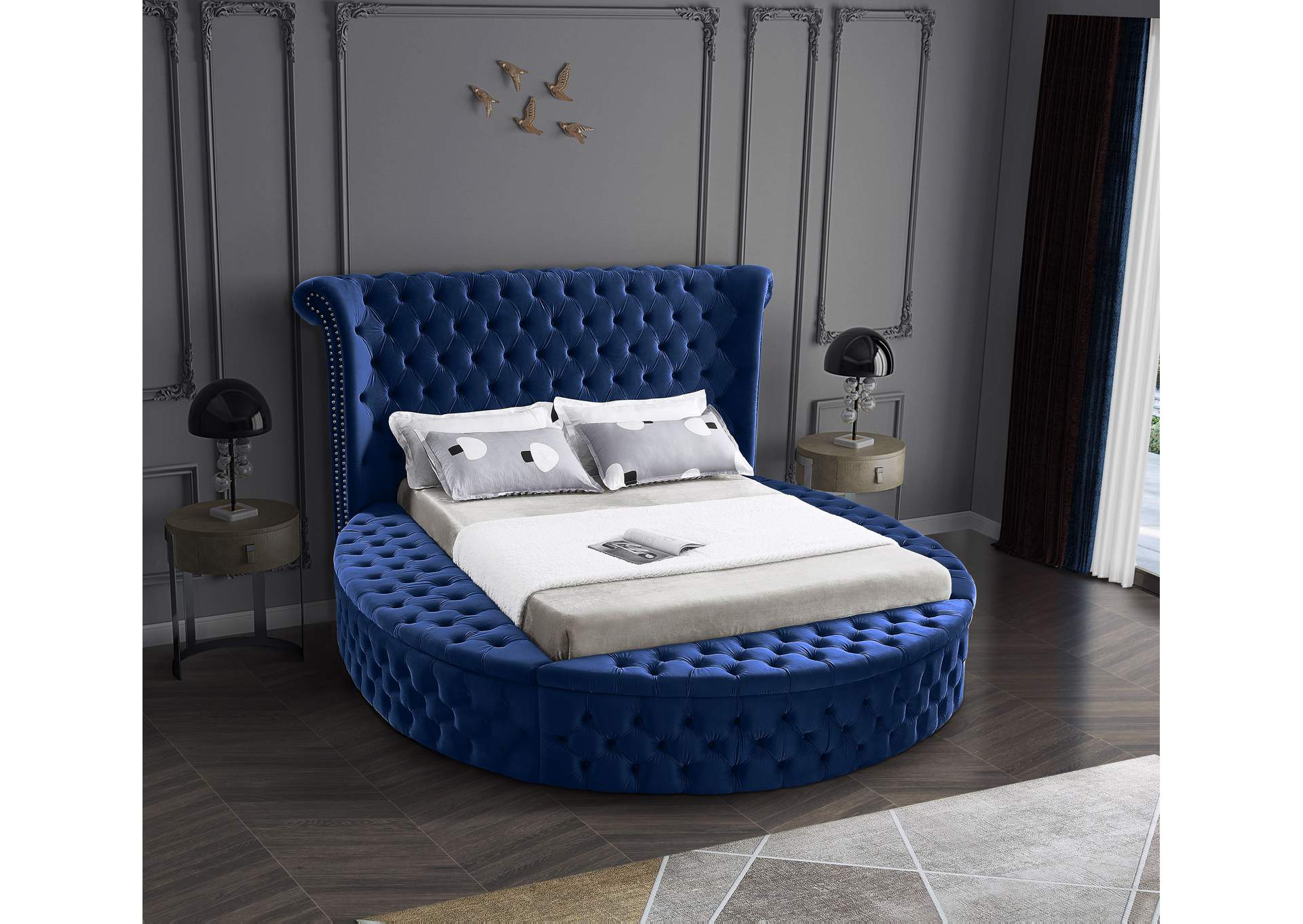 Luxus Navy Velvet Queen Bed (3 Boxes),Meridian Furniture