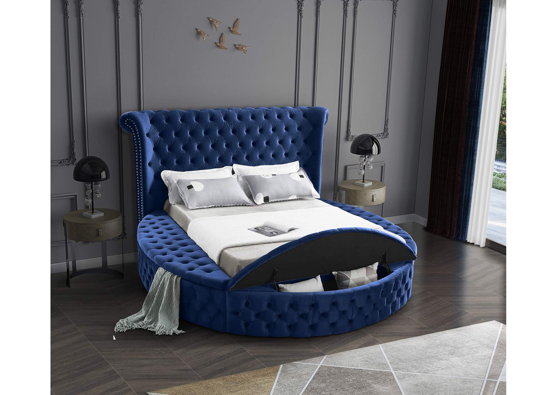 Luxus Navy Velvet Queen Bed (3 Boxes),Meridian Furniture