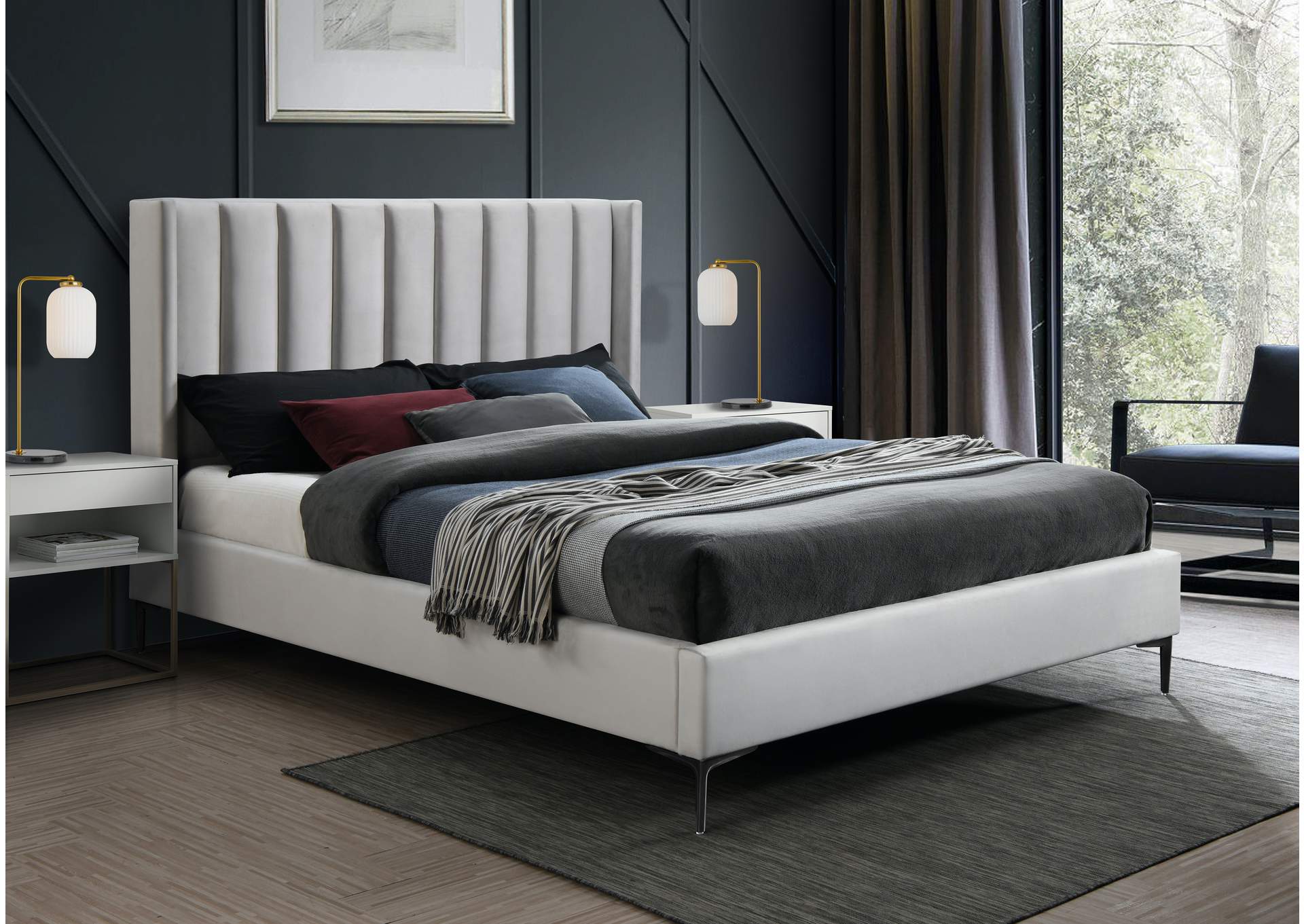 Nadia Cream Velvet Queen Bed,Meridian Furniture