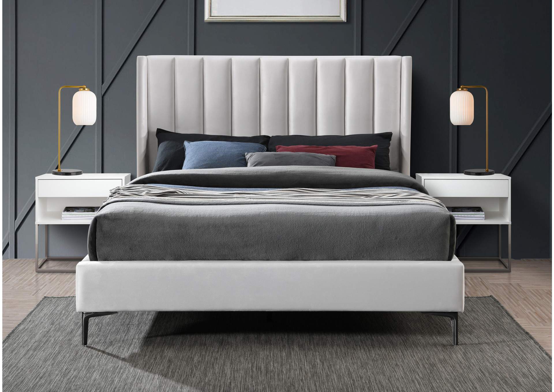Nadia Cream Velvet Queen Bed,Meridian Furniture