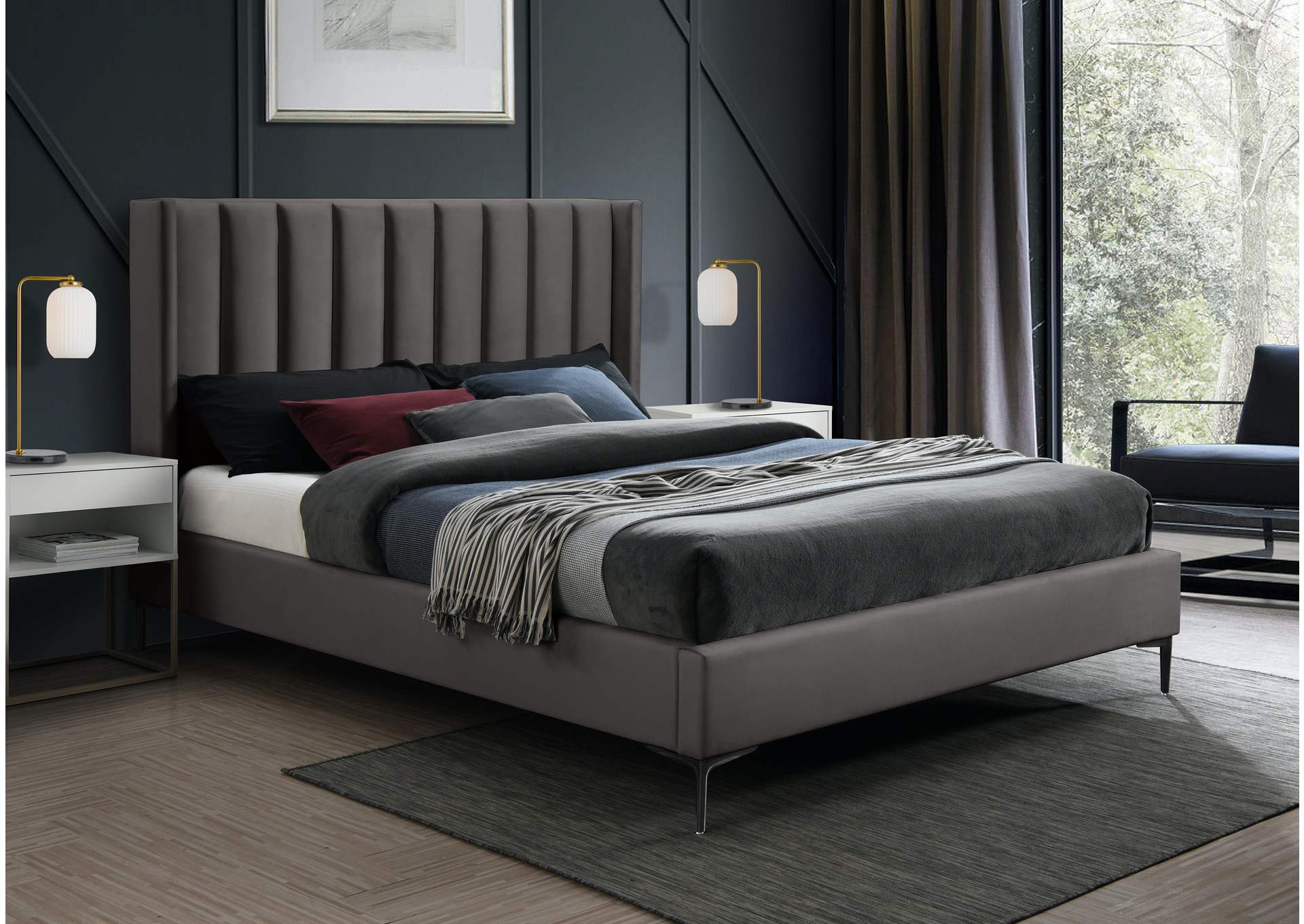 Nadia Grey Velvet Queen Bed,Meridian Furniture