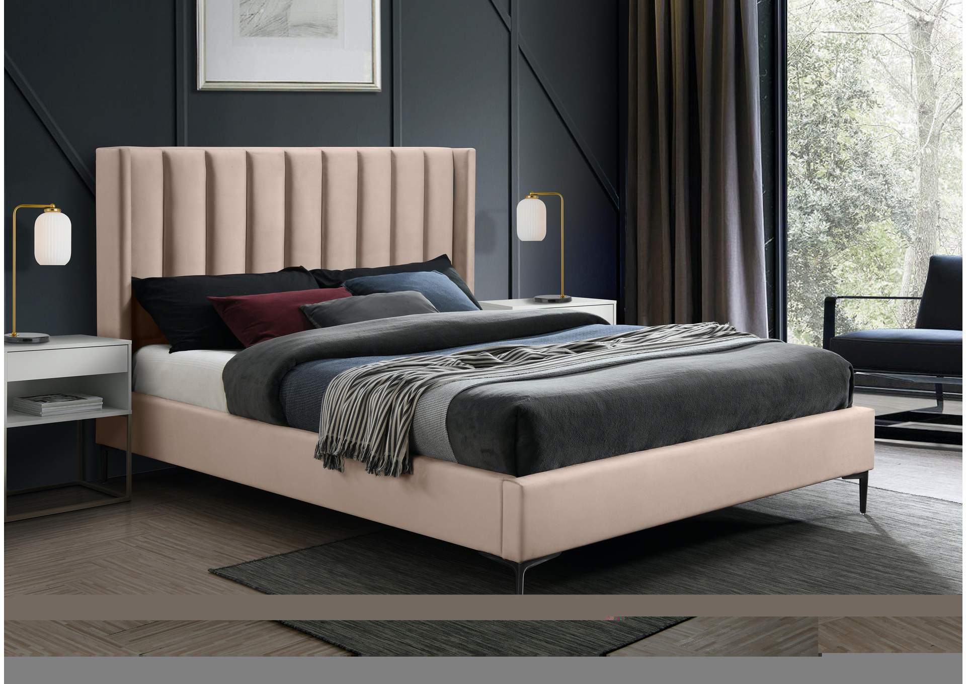 Nadia Pink Velvet Queen Bed,Meridian Furniture