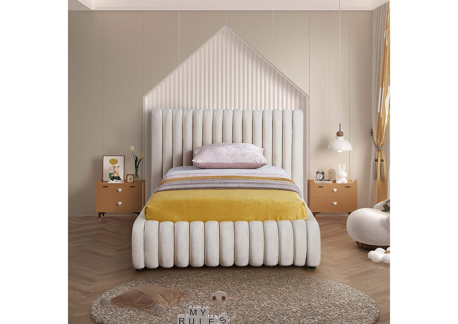 Nico Cream Velvet Twin Bed,Meridian Furniture