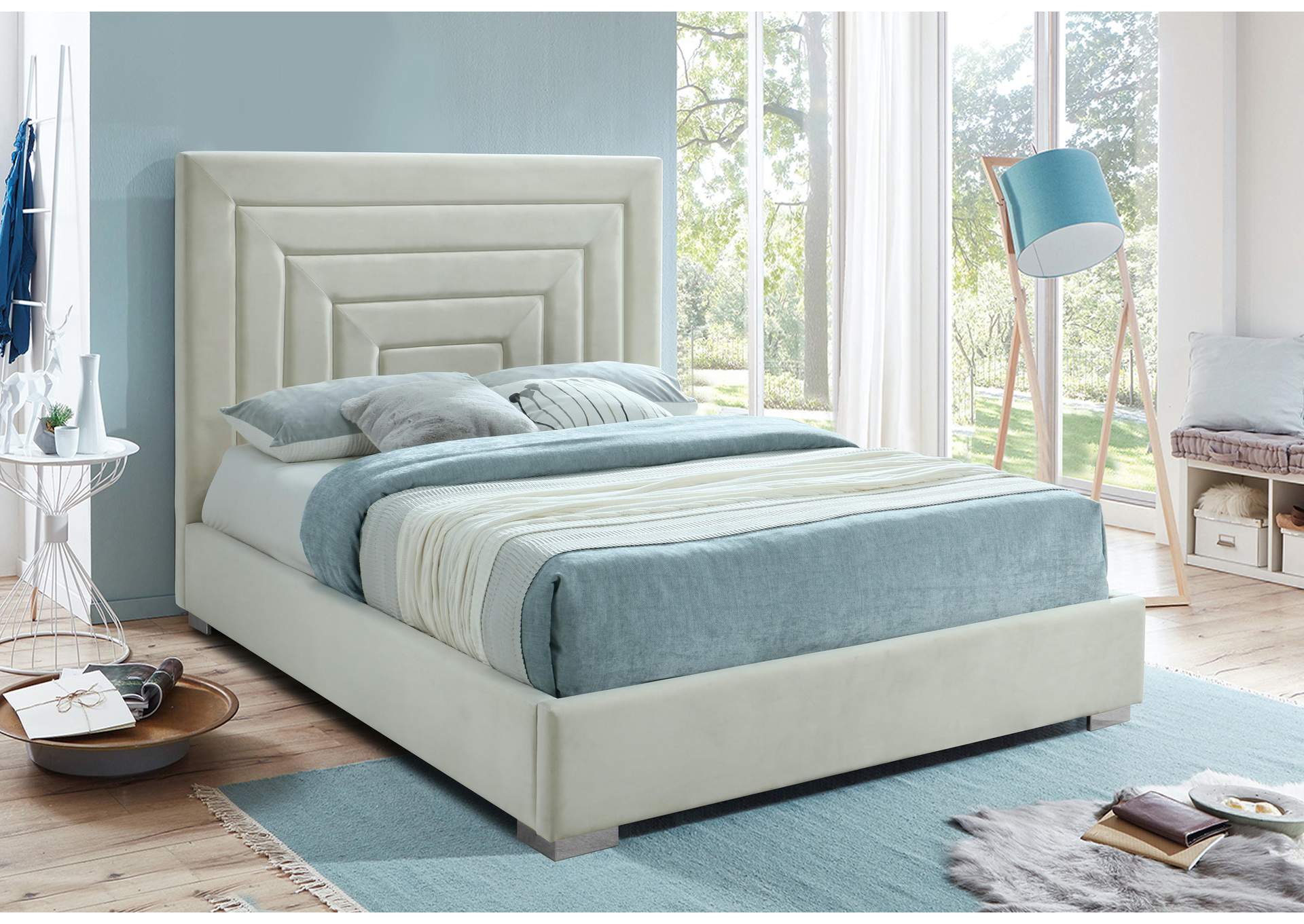 Nora Cream Velvet Queen Bed,Meridian Furniture