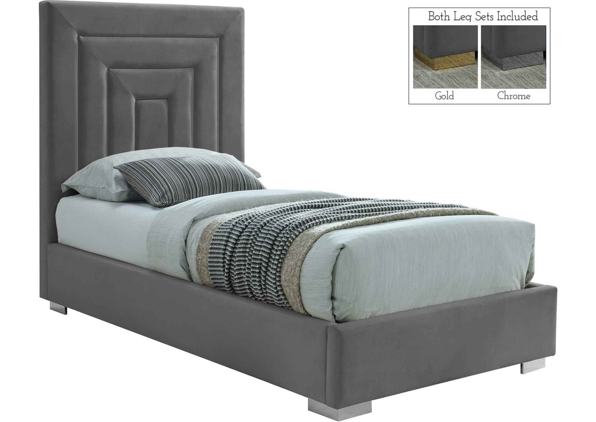 Nora Grey Velvet Twin Bed,Meridian Furniture