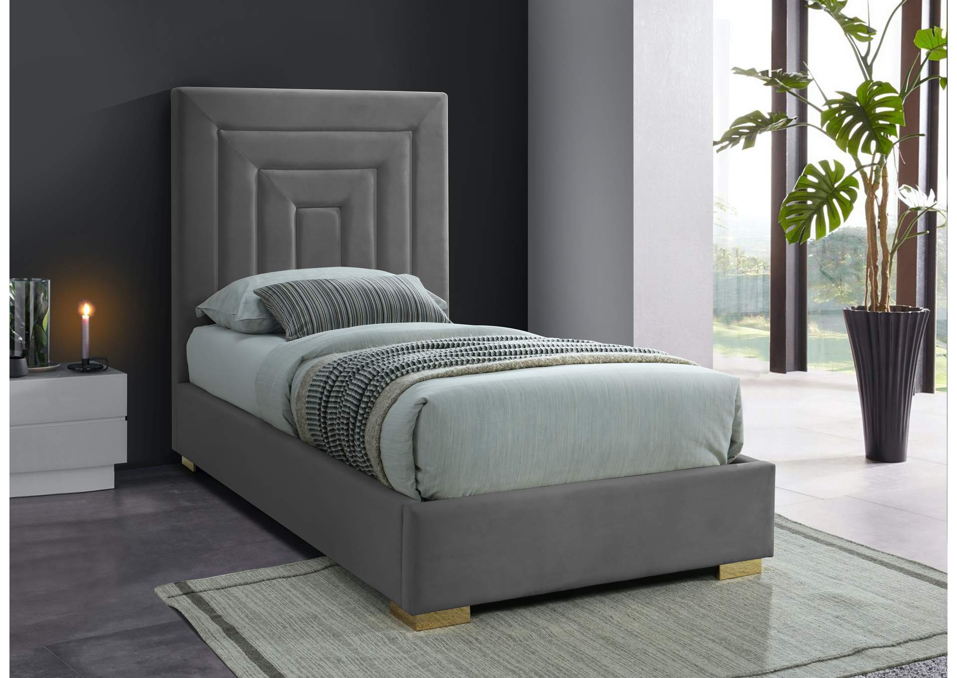 Nora Grey Velvet Twin Bed,Meridian Furniture