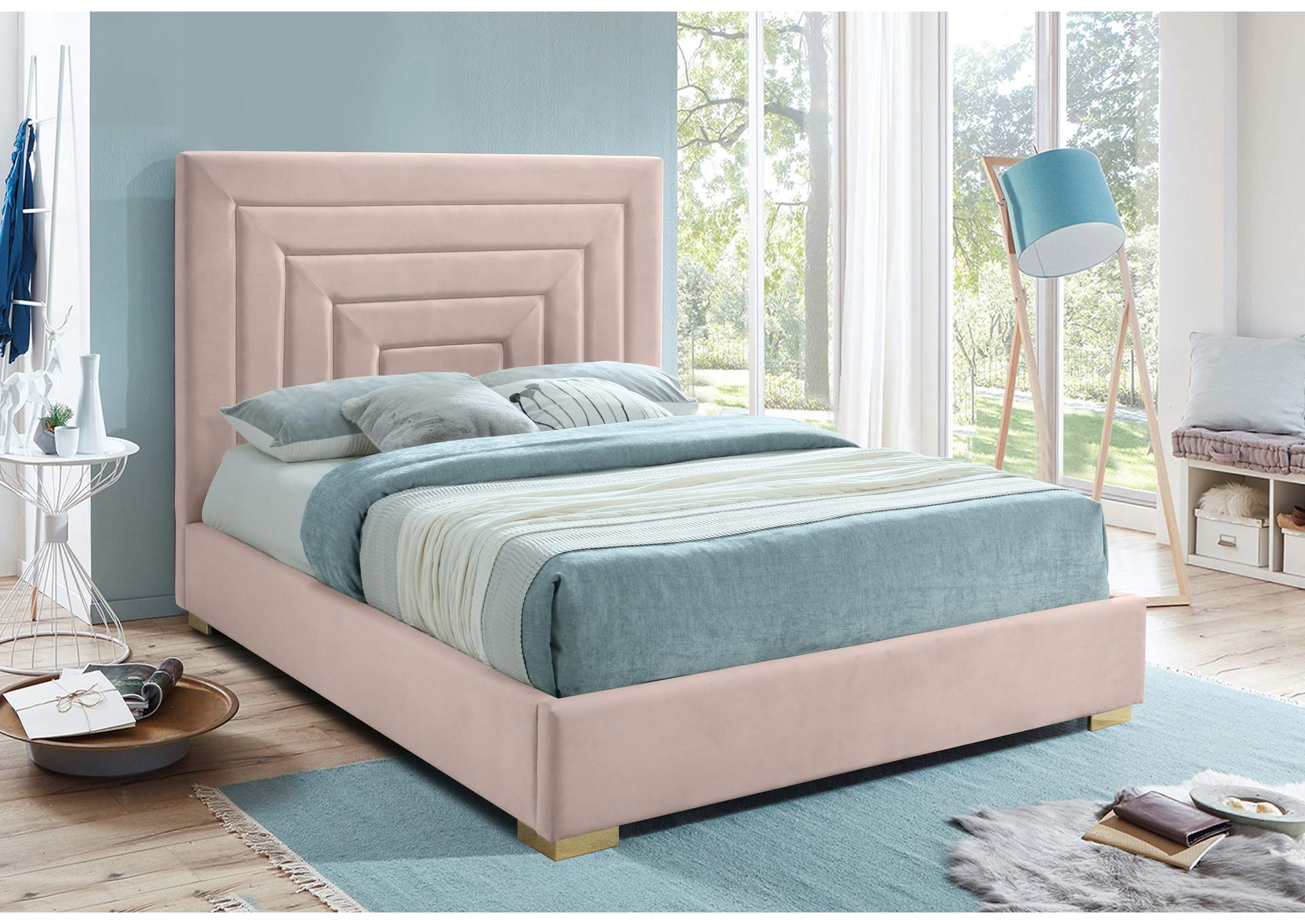 Nora Pink Velvet Queen Bed,Meridian Furniture