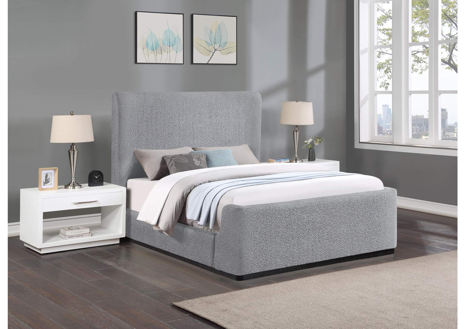 Oliver Grey Boucle Fabric Queen Bed (3 Boxes),Meridian Furniture