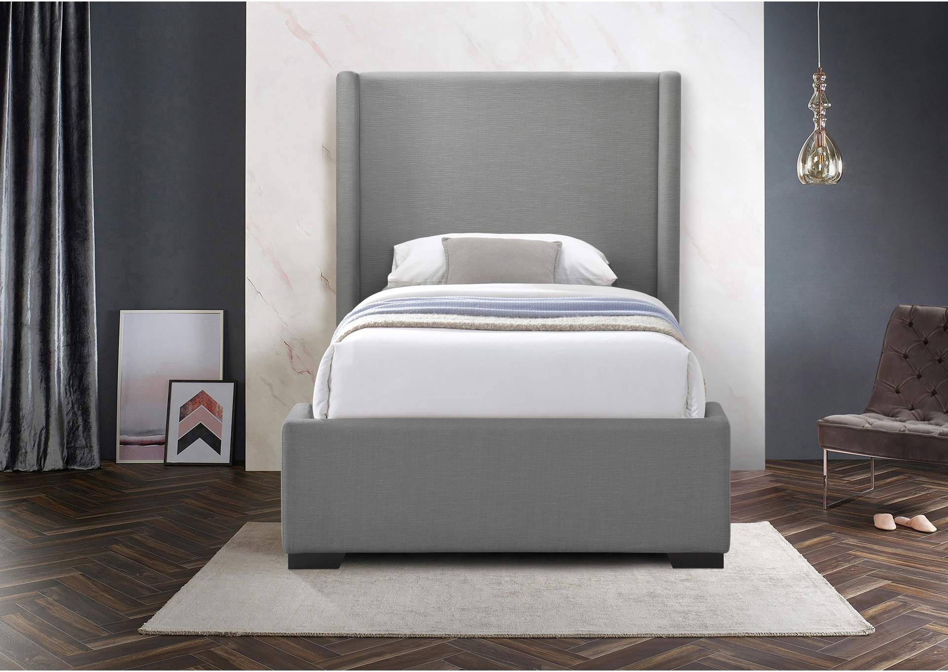 Oxford Grey Linen Textured Fabric Twin Bed (3 Boxes),Meridian Furniture