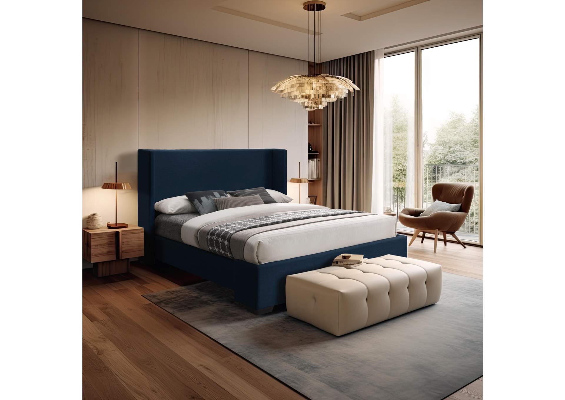 Oxford Navy Linen Textured Fabric Queen Bed (3 Boxes),Meridian Furniture