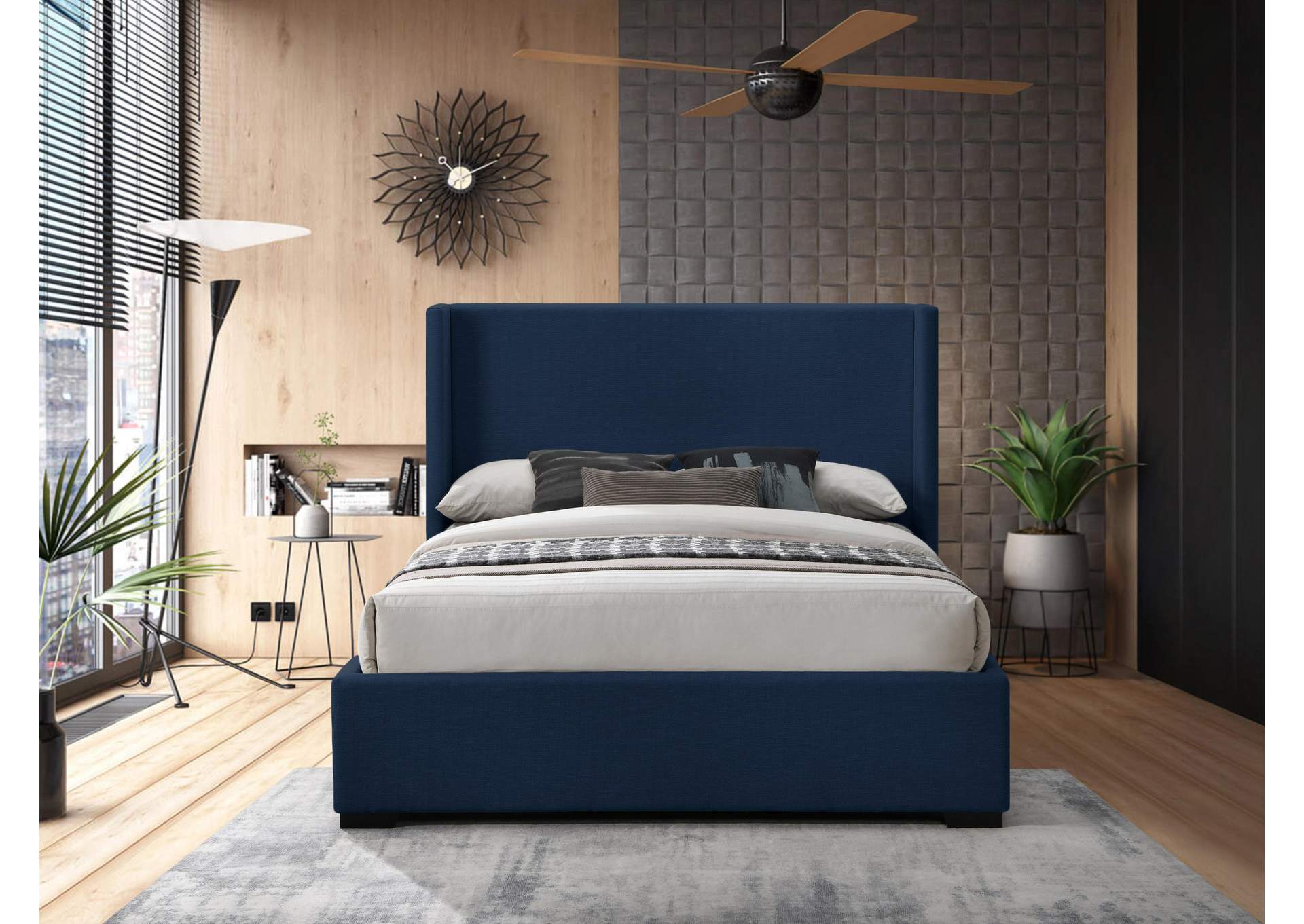 Oxford Navy Linen Textured Fabric Queen Bed (3 Boxes),Meridian Furniture