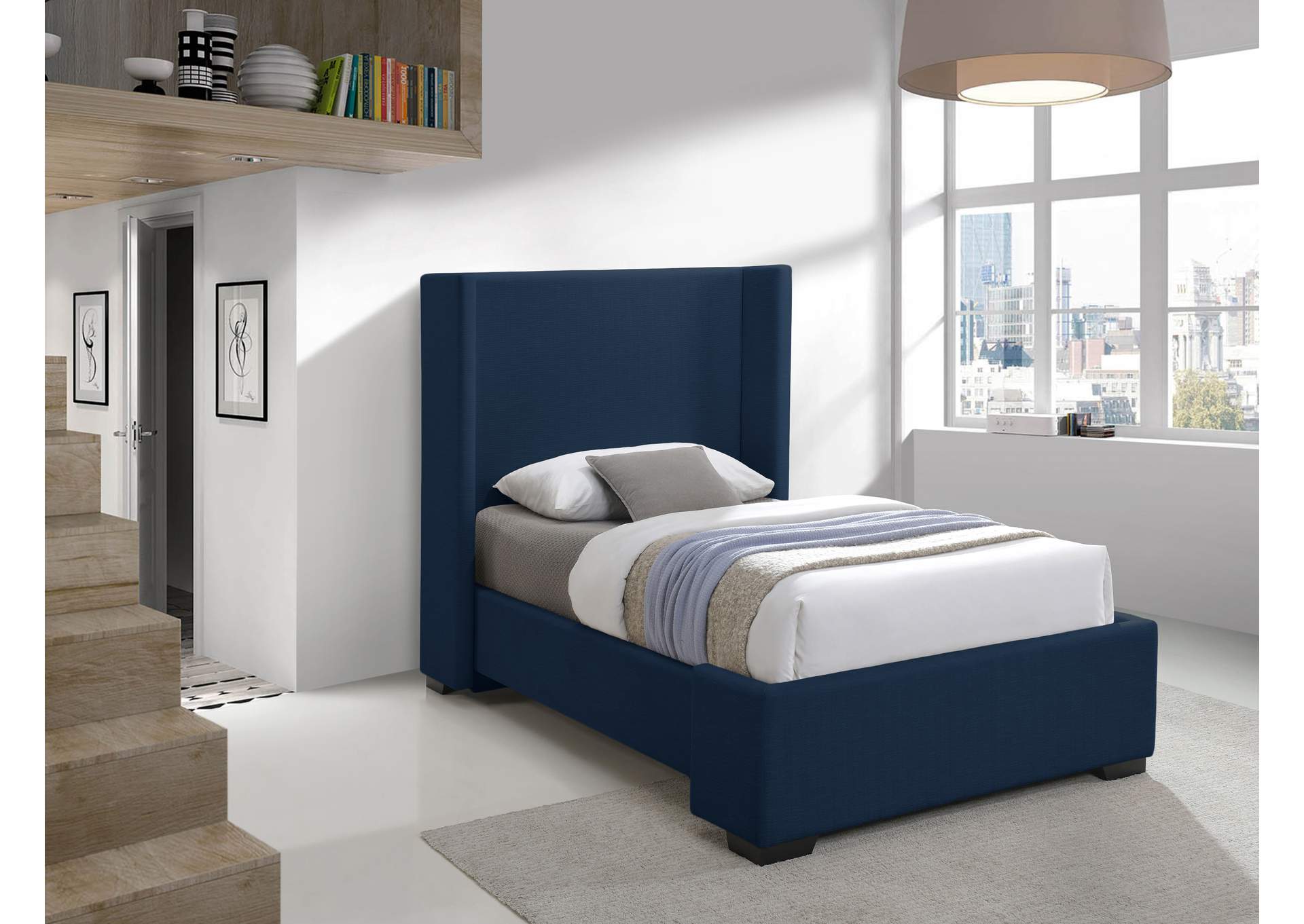 Oxford Navy Linen Textured Fabric Twin Bed (3 Boxes),Meridian Furniture