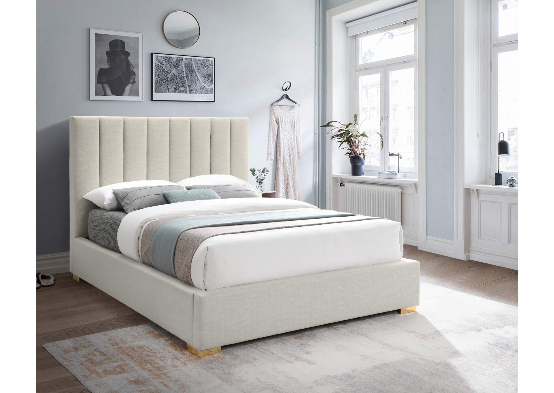 Pierce Beige Linen Textured Fabric Queen Bed,Meridian Furniture
