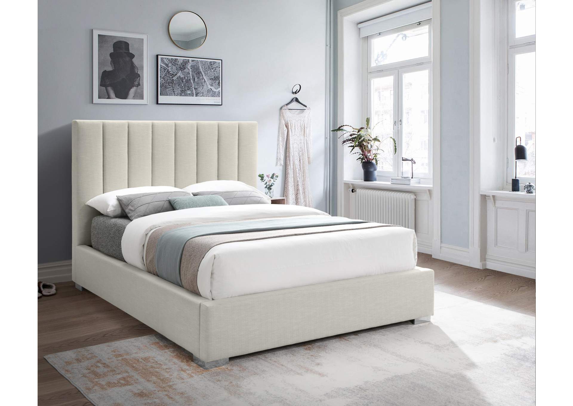 Pierce Beige Linen Textured Fabric Queen Bed,Meridian Furniture