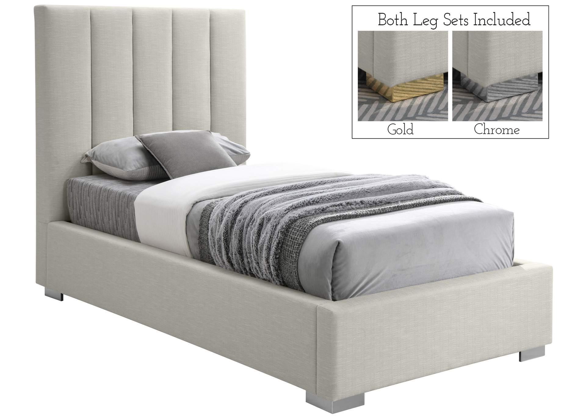 Pierce Beige Linen Textured Fabric Twin Bed,Meridian Furniture