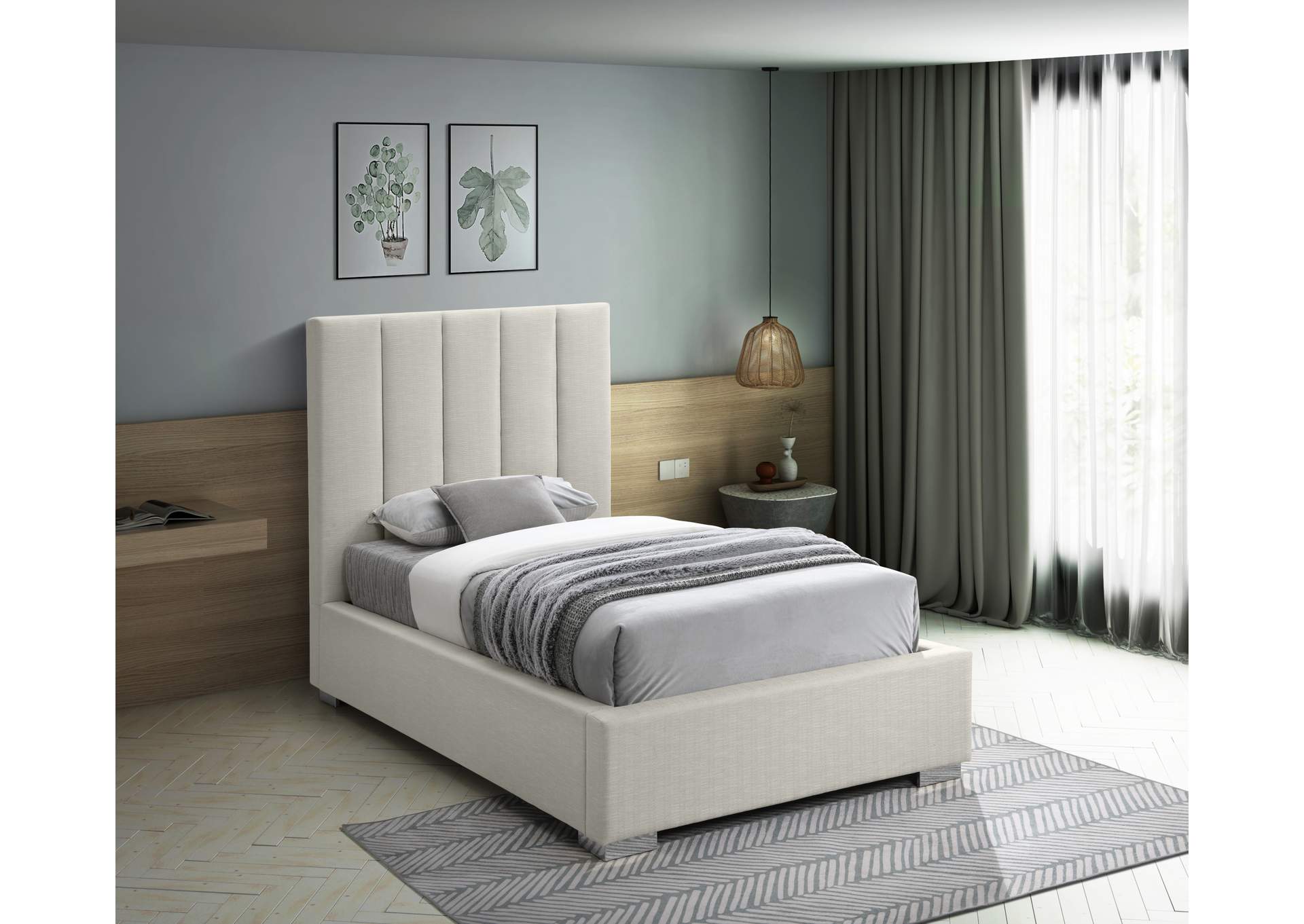 Pierce Beige Linen Textured Fabric Twin Bed,Meridian Furniture