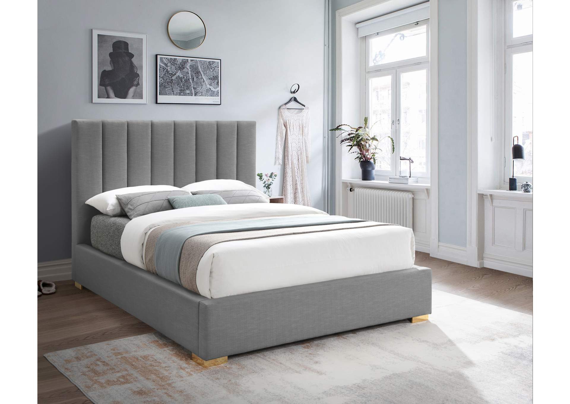 Pierce Grey Linen Textured Fabric Full Bed,Meridian Furniture