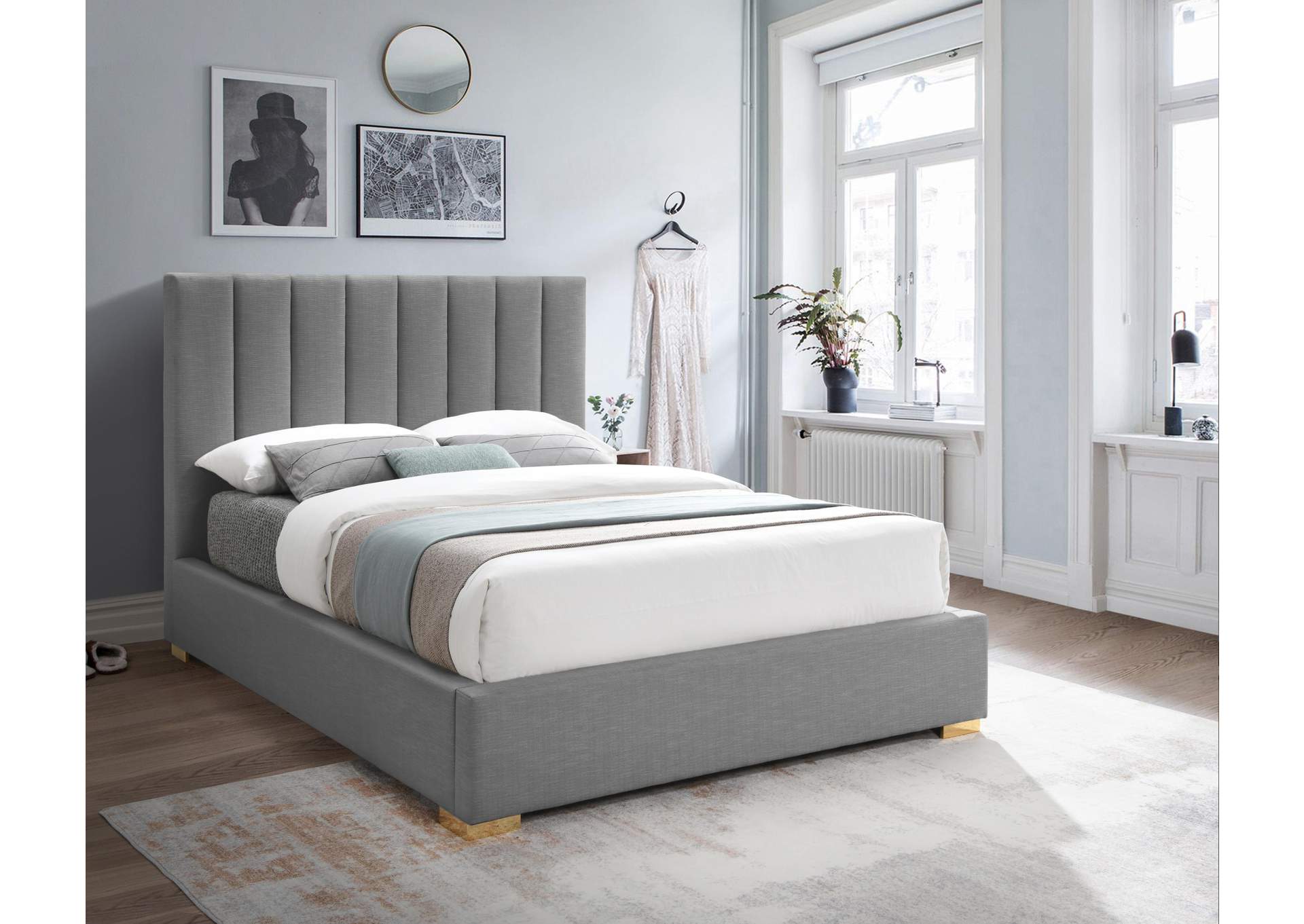 Pierce Grey Linen Textured Fabric Queen Bed,Meridian Furniture