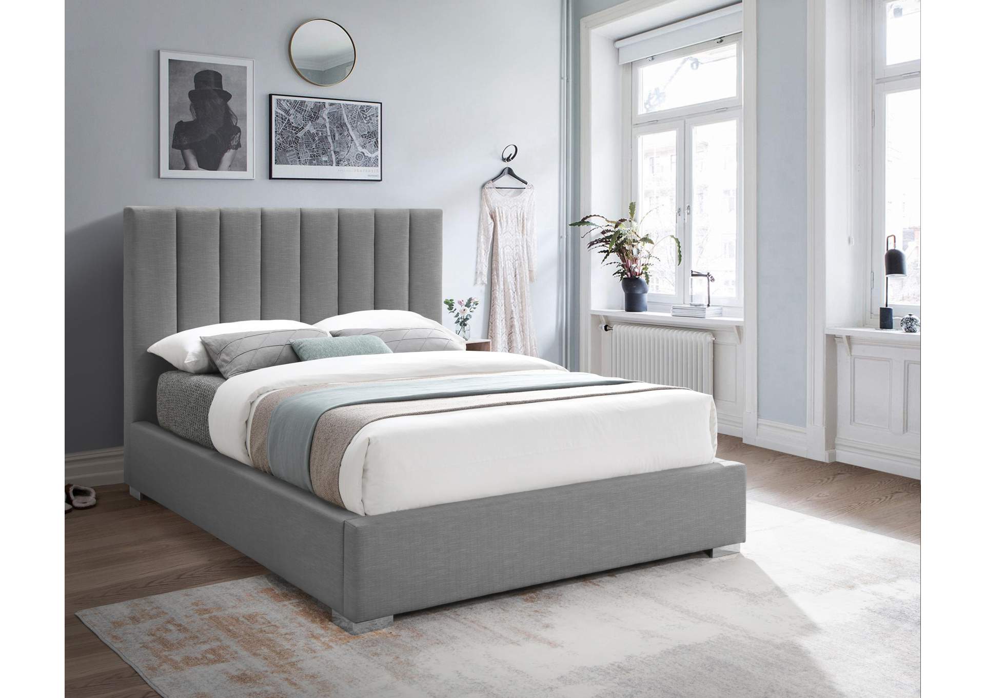 Pierce Grey Linen Textured Fabric Queen Bed,Meridian Furniture