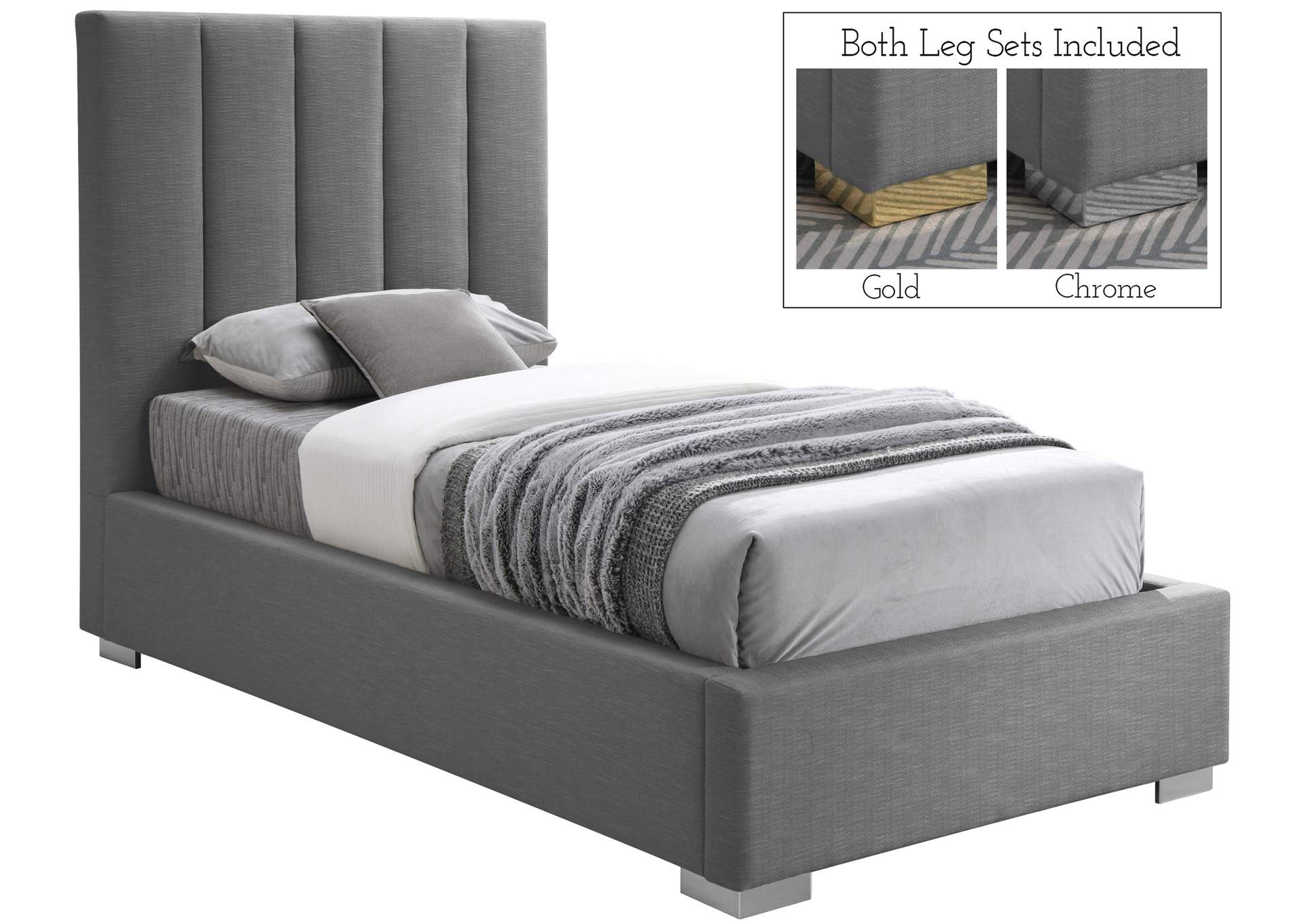 Pierce Grey Linen Textured Fabric Twin Bed,Meridian Furniture