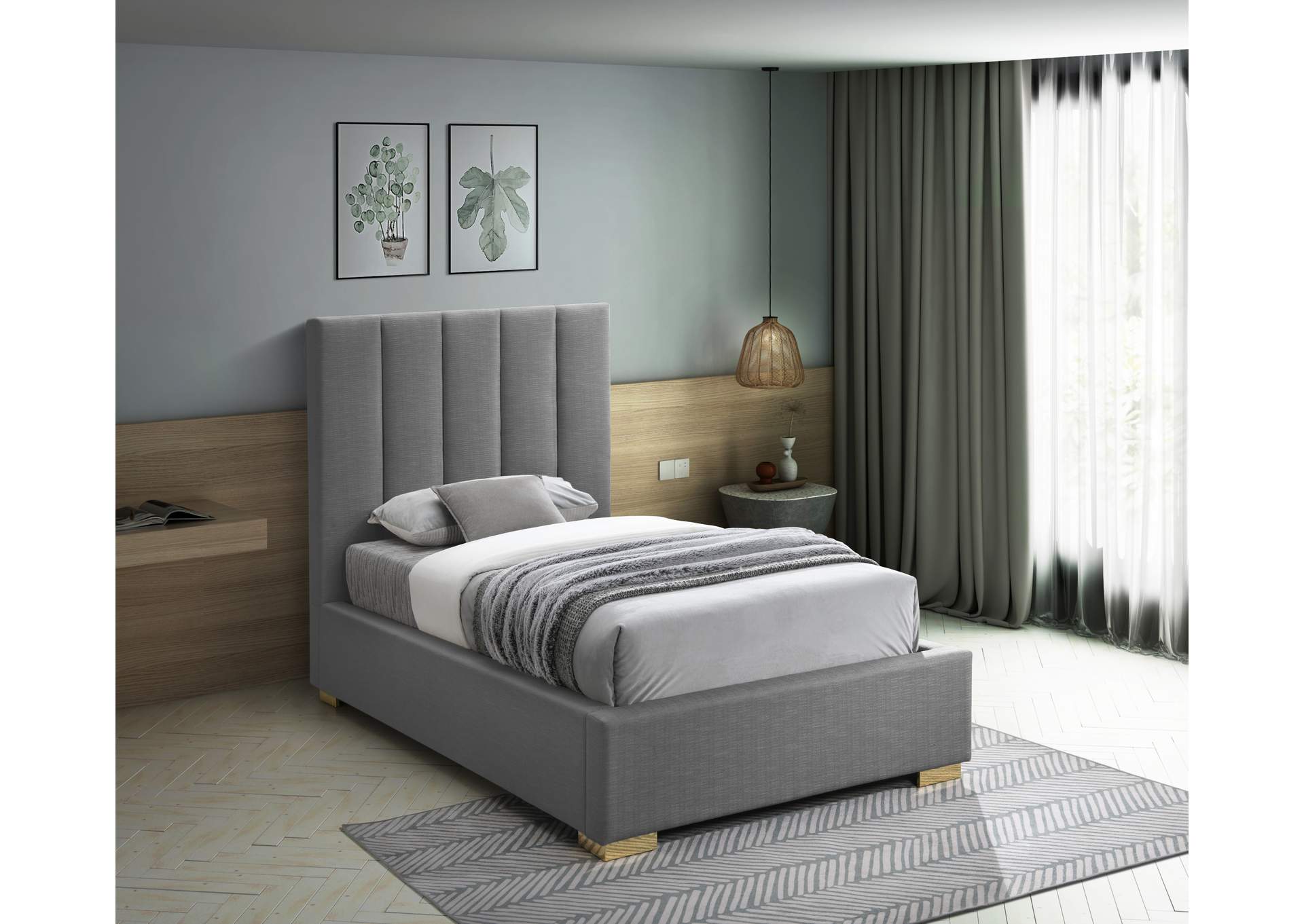 Pierce Grey Linen Textured Fabric Twin Bed,Meridian Furniture