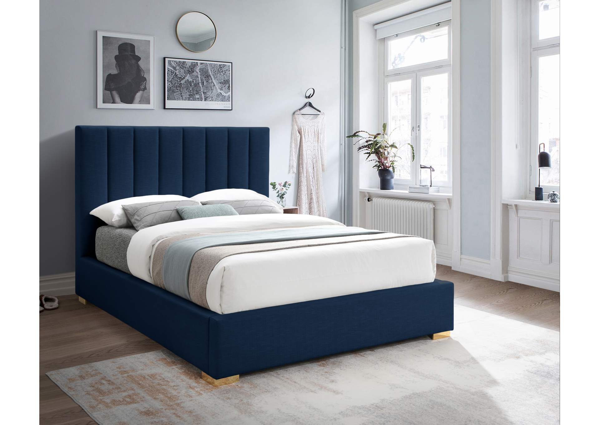 Pierce Navy Linen Textured Fabric Full Bed,Meridian Furniture