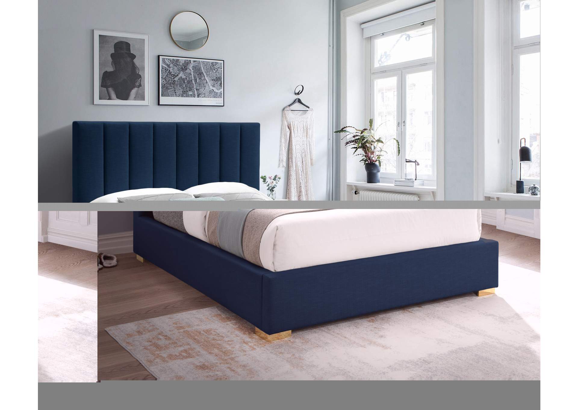 Pierce Navy Linen Textured Fabric Queen Bed,Meridian Furniture