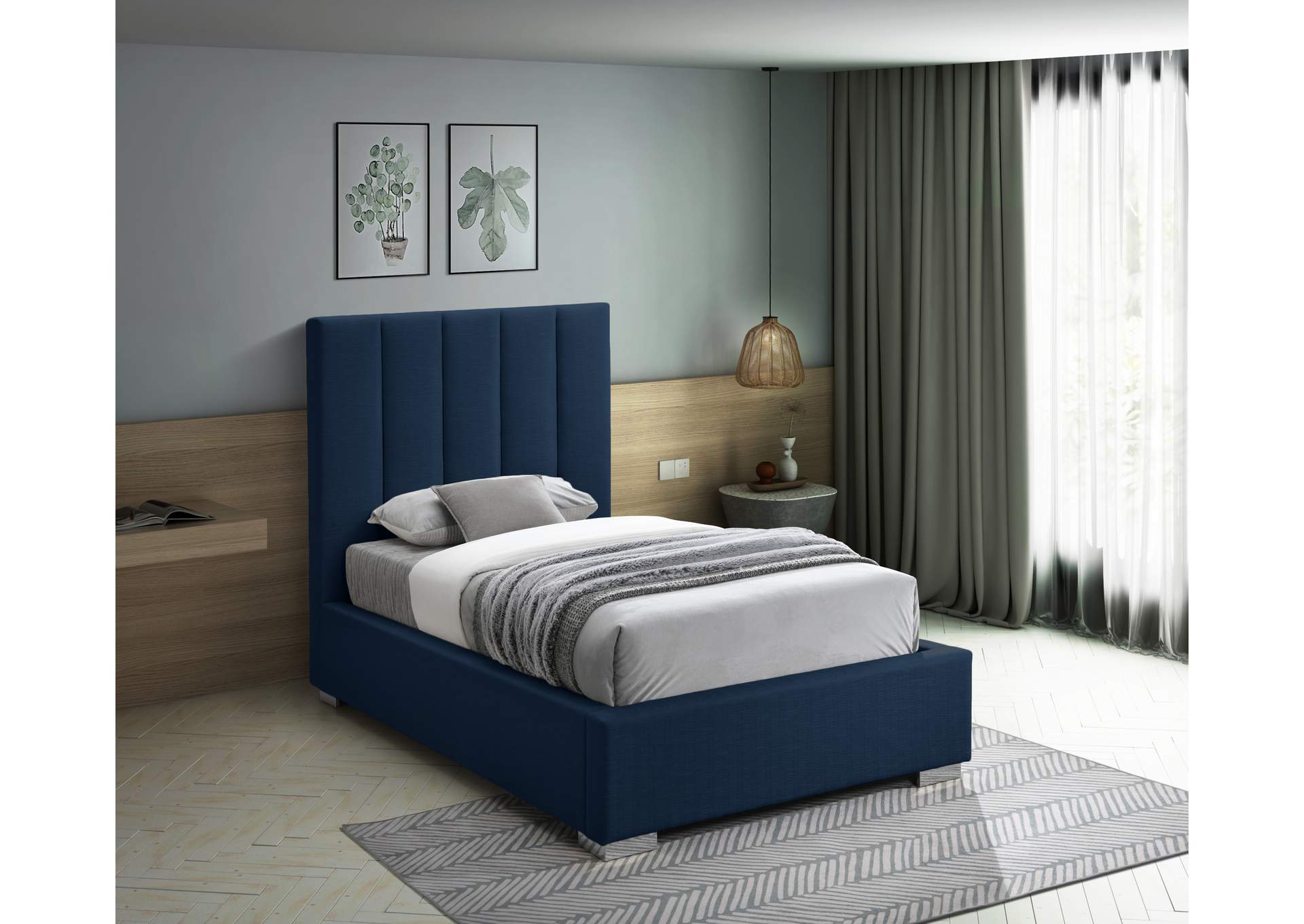 Pierce Navy Linen Textured Fabric Twin Bed,Meridian Furniture