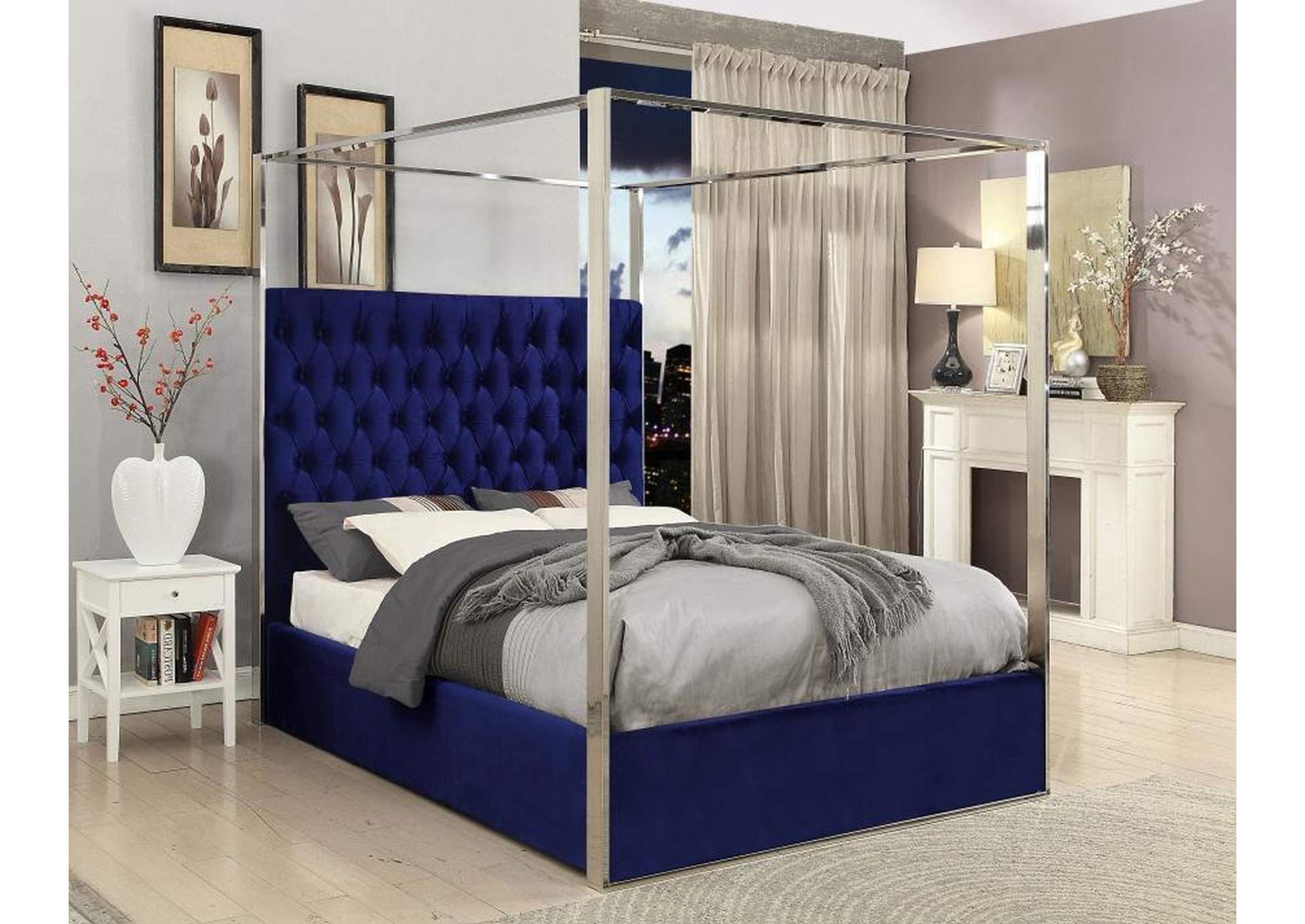 Porter Navy Velvet Queen Bed,Meridian Furniture