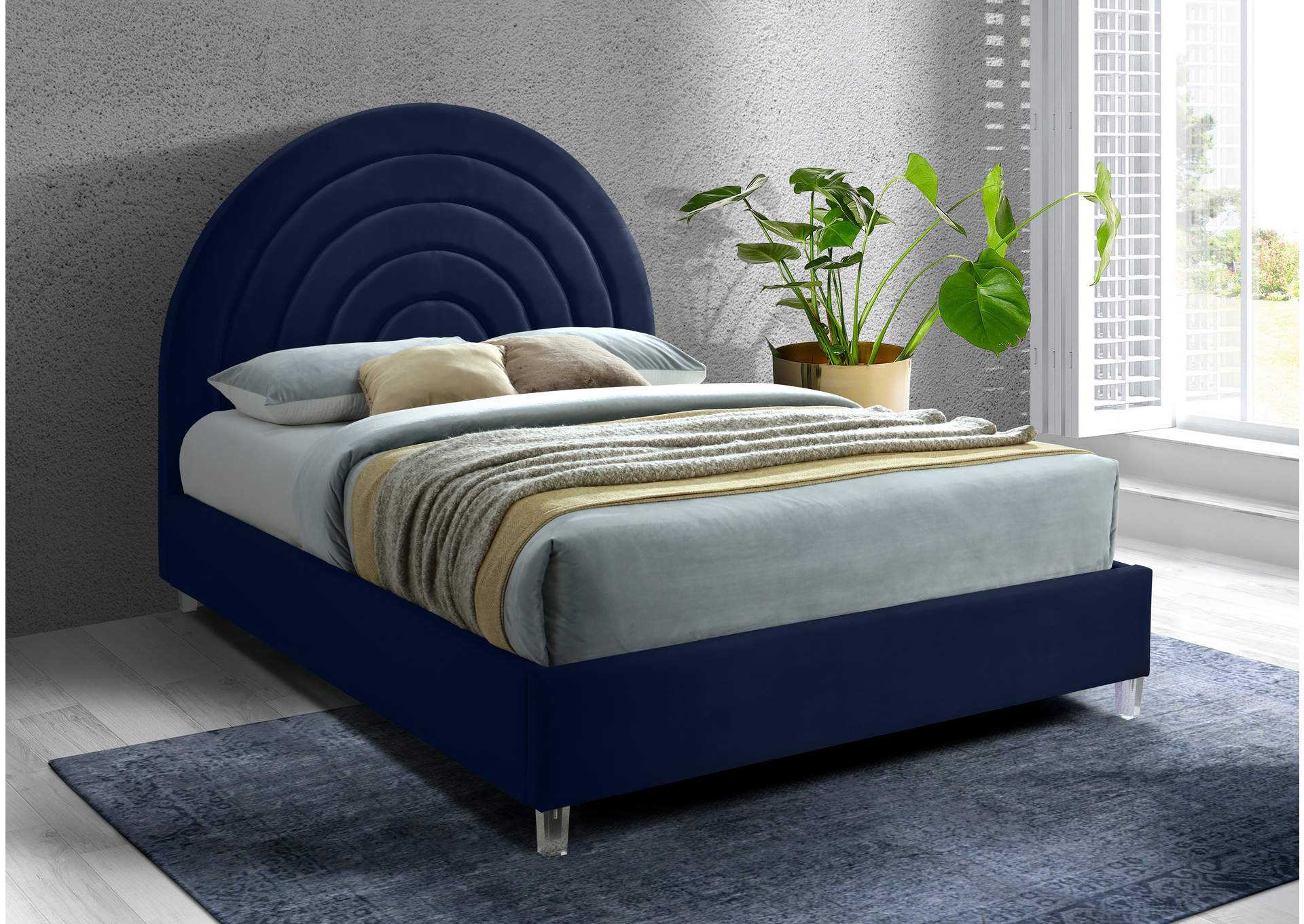 Rainbow Navy Velvet Full Bed,Meridian Furniture