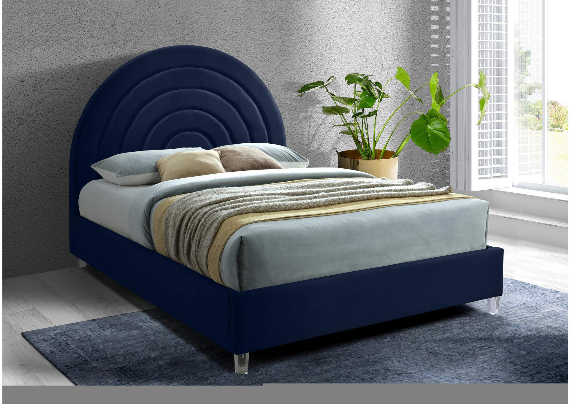 Rainbow Navy Velvet Queen Bed,Meridian Furniture