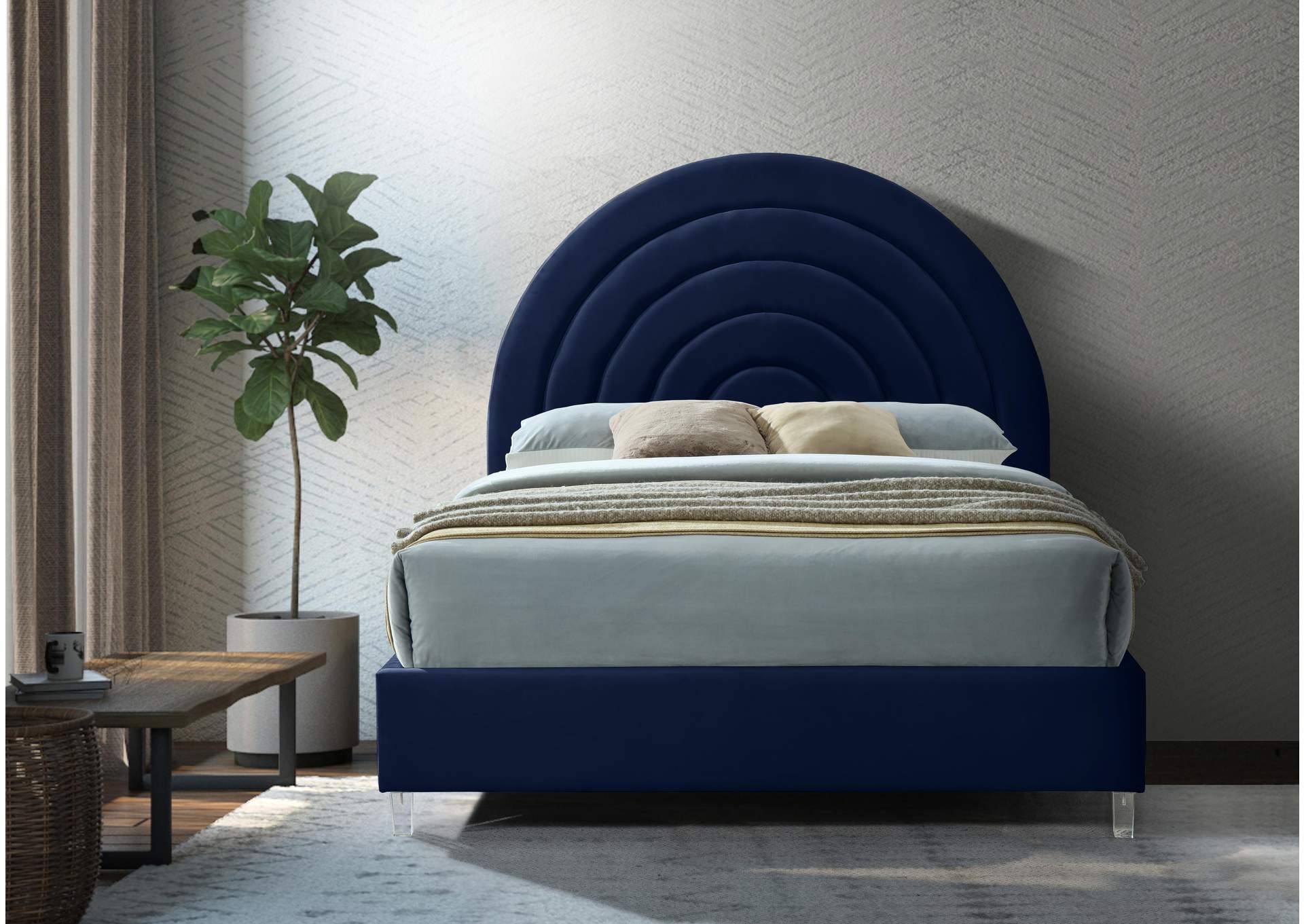 Rainbow Navy Velvet Queen Bed,Meridian Furniture