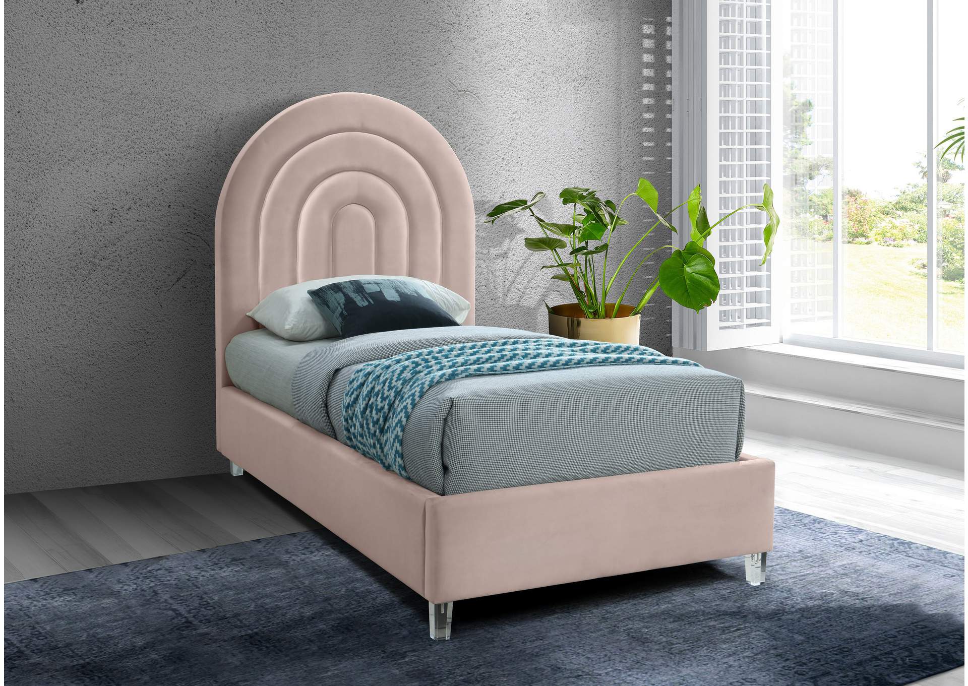 Rainbow Pink Velvet Twin Bed,Meridian Furniture