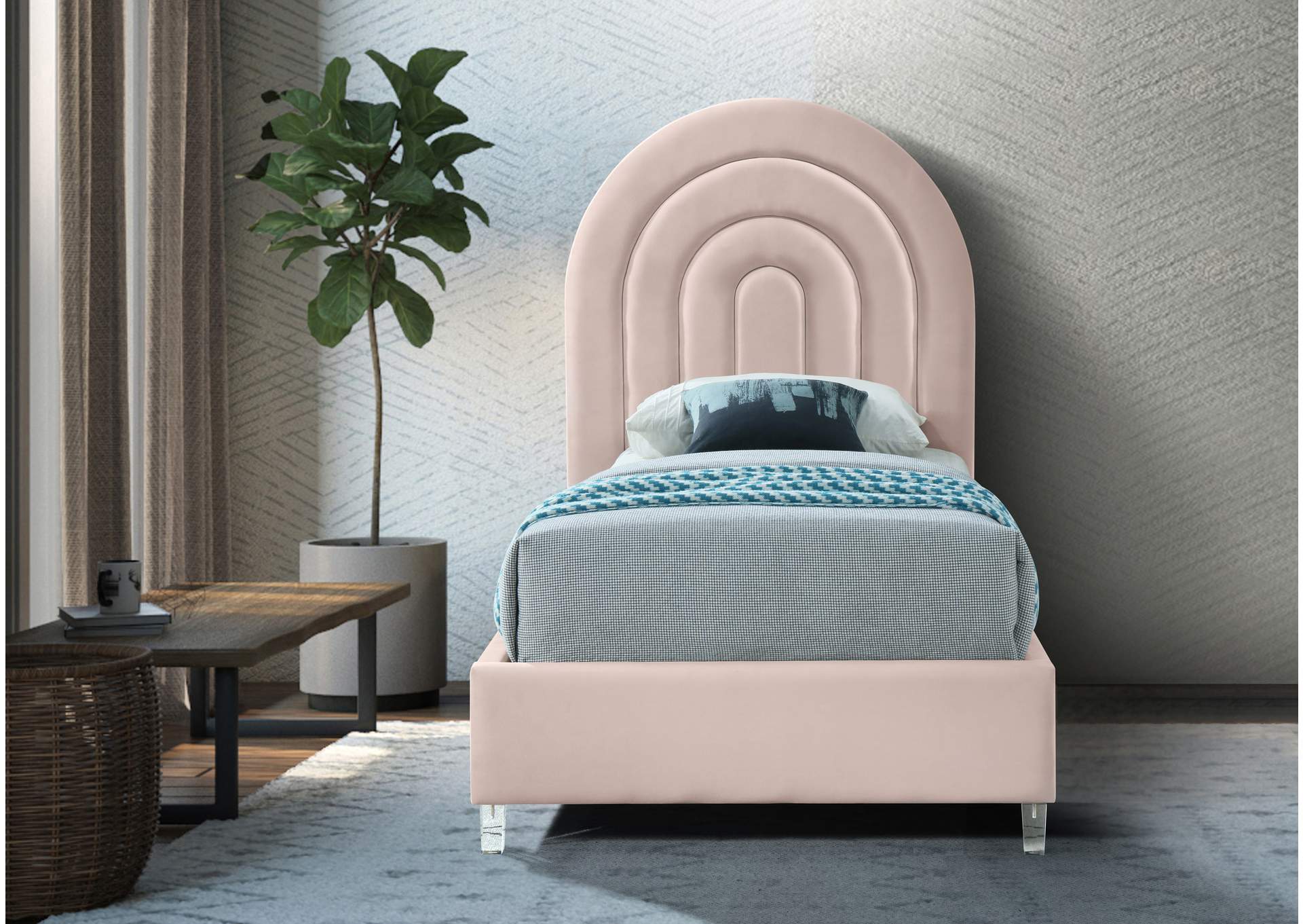 Rainbow Pink Velvet Twin Bed,Meridian Furniture