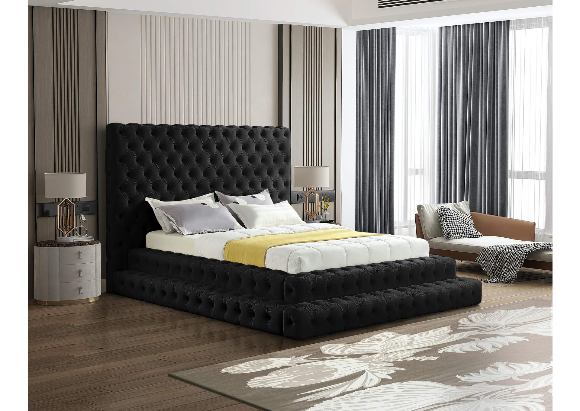 Revel Black Velvet Queen Bed (3 Boxes),Meridian Furniture