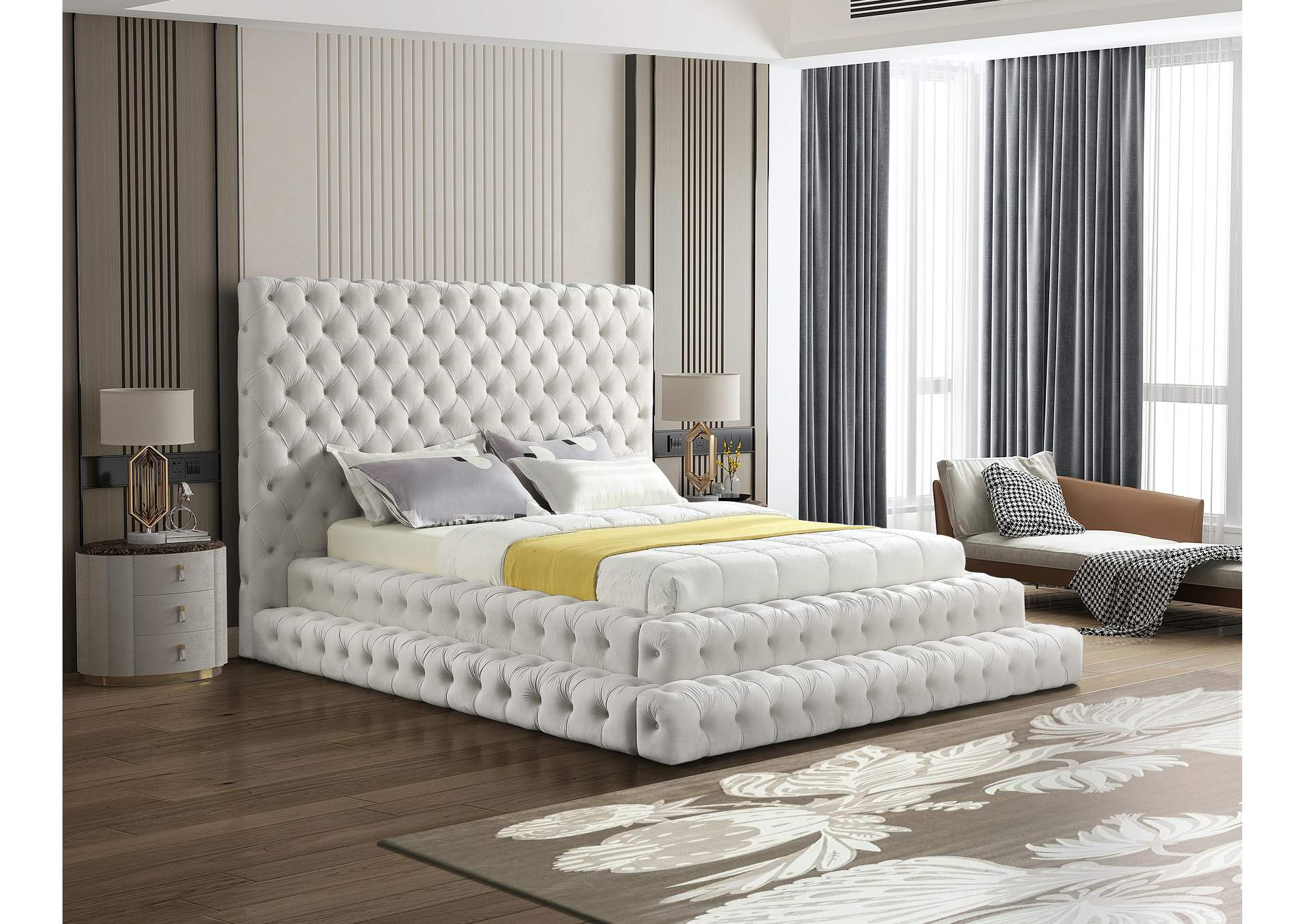 Revel Cream Velvet Queen Bed (3 Boxes),Meridian Furniture