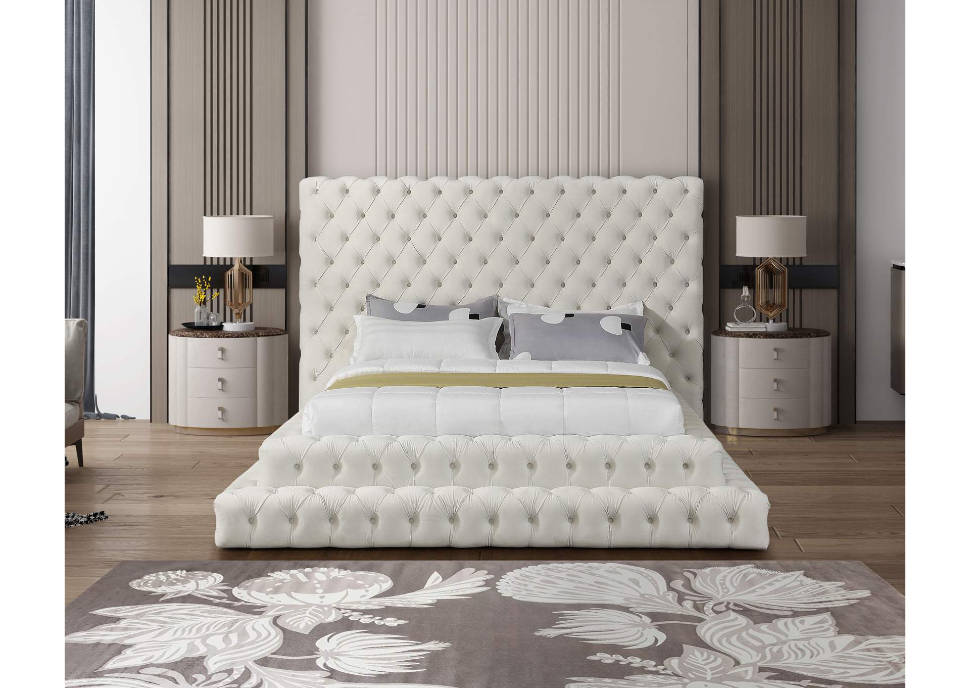 Revel Cream Velvet Queen Bed (3 Boxes),Meridian Furniture