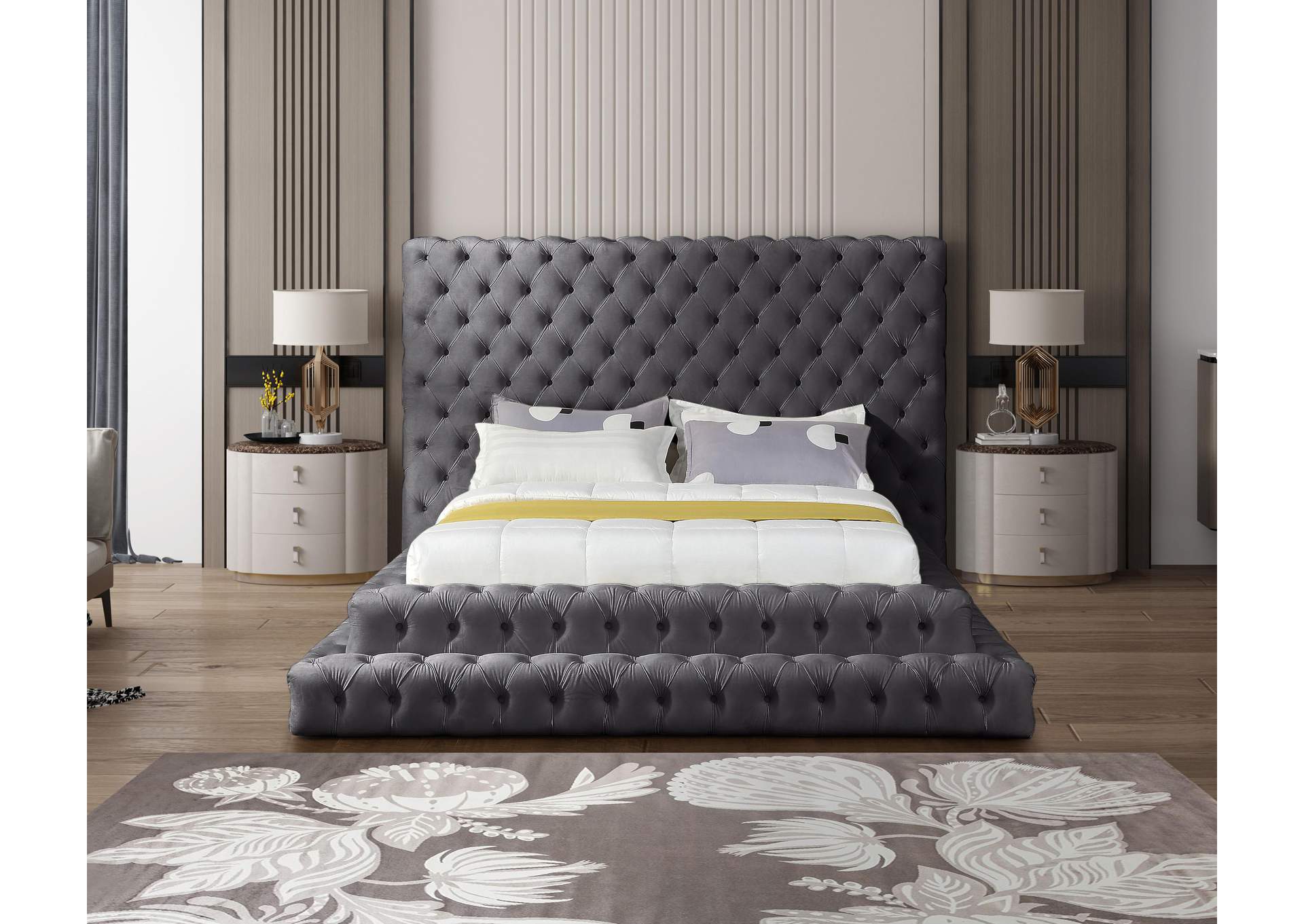 Revel Grey Velvet Queen Bed (3 Boxes),Meridian Furniture