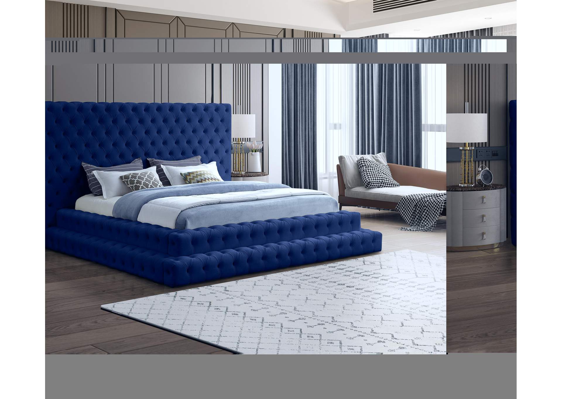 Revel Navy Velvet King Bed (3 Boxes),Meridian Furniture