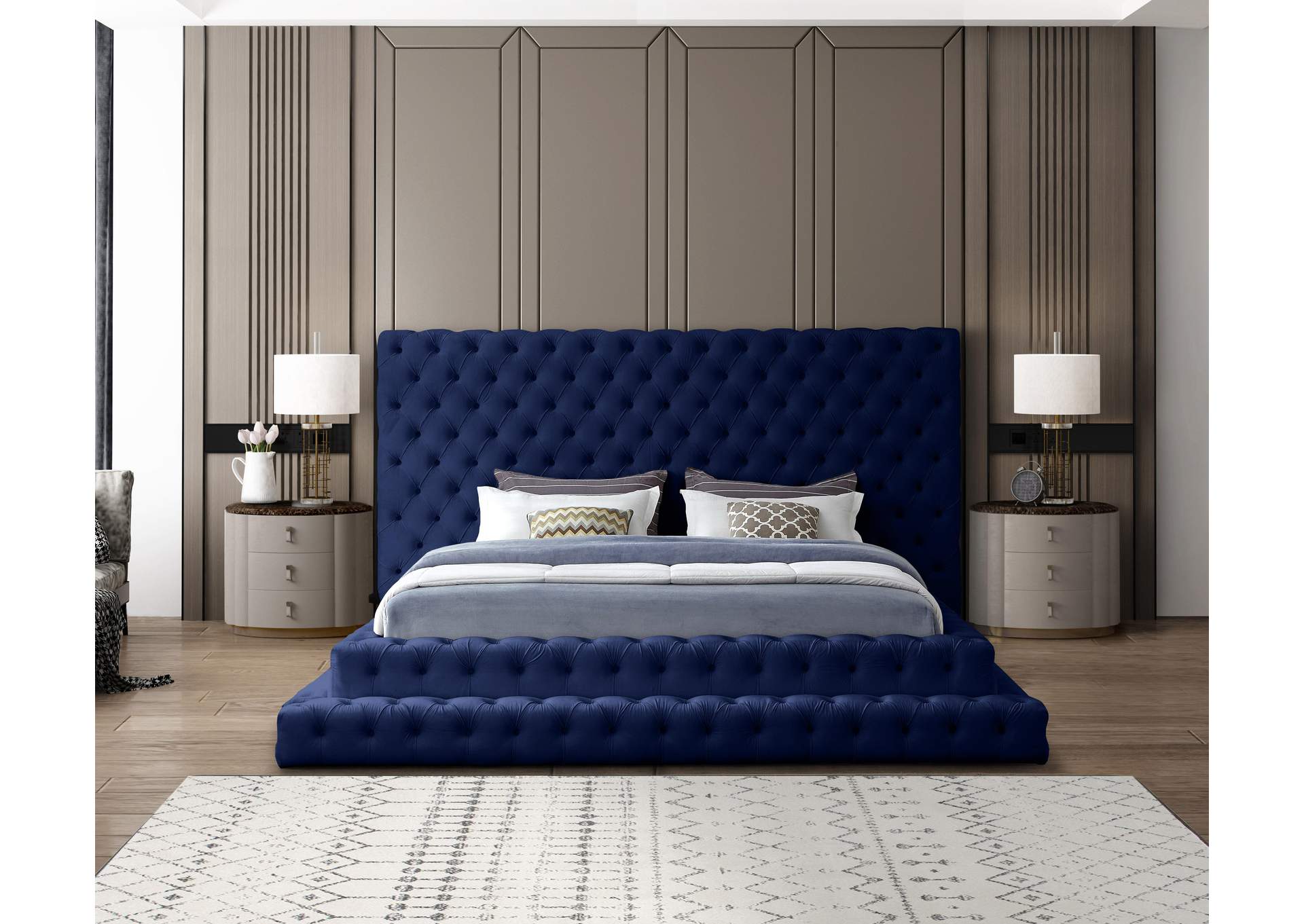 Revel Navy Velvet King Bed (3 Boxes),Meridian Furniture