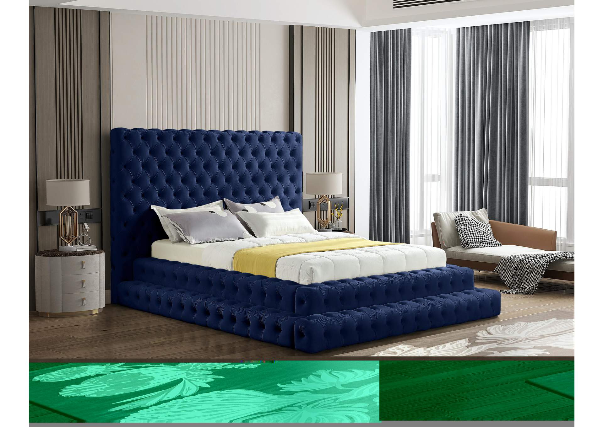 Revel Navy Velvet Queen Bed (3 Boxes),Meridian Furniture