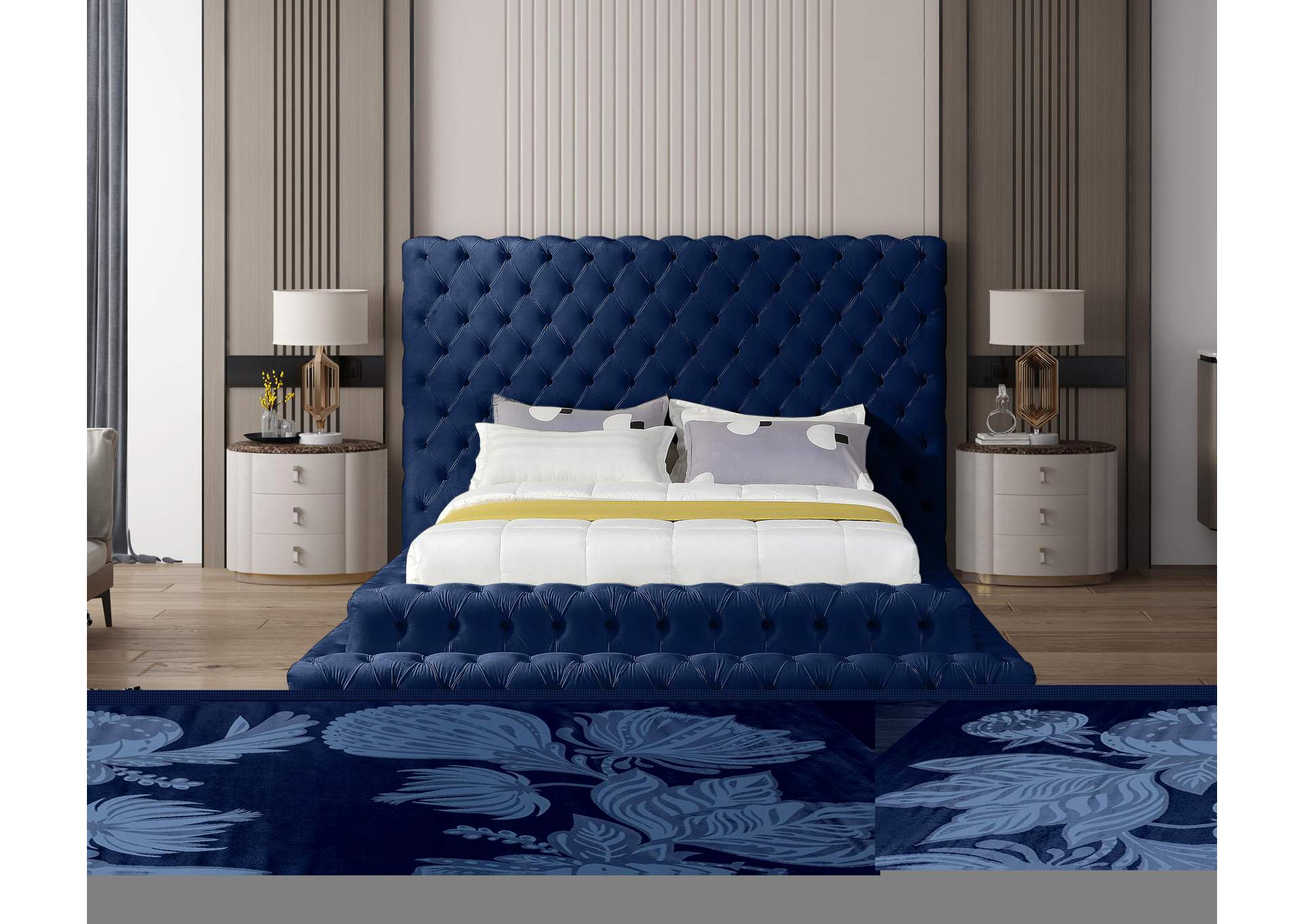 Revel Navy Velvet Queen Bed (3 Boxes),Meridian Furniture