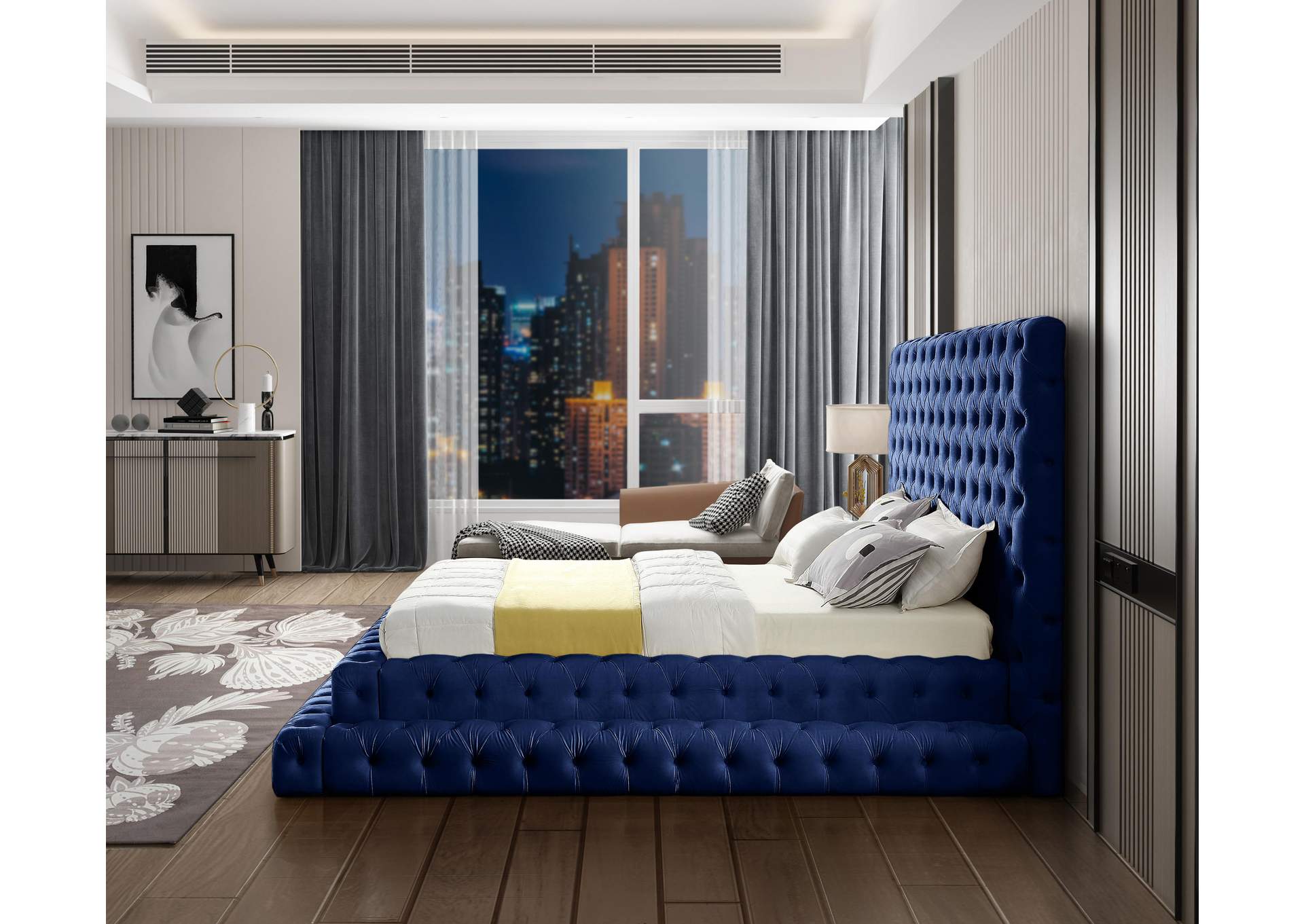 Revel Navy Velvet Queen Bed (3 Boxes),Meridian Furniture