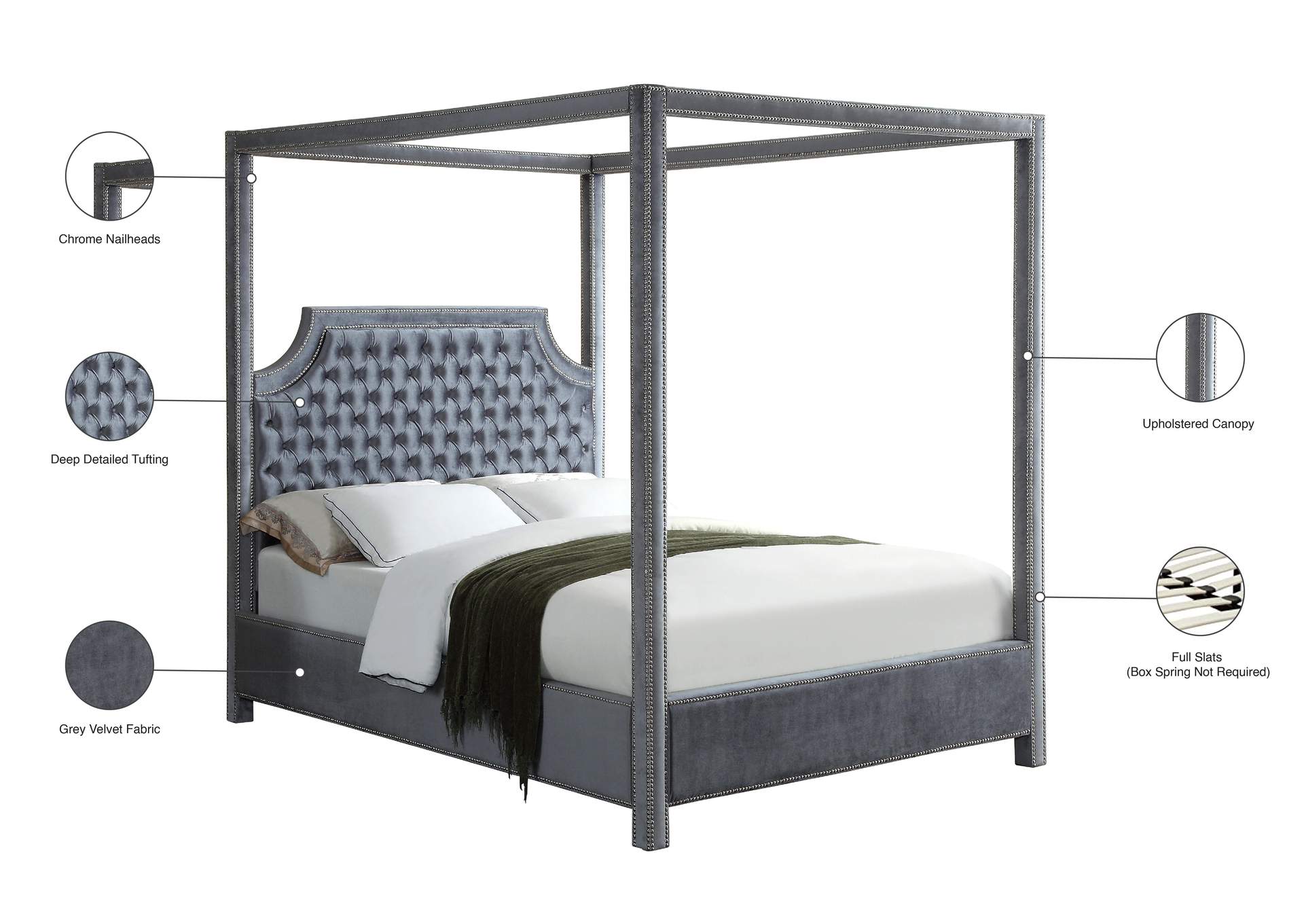 Rowan Grey Velvet Queen Bed (3 Boxes),Meridian Furniture