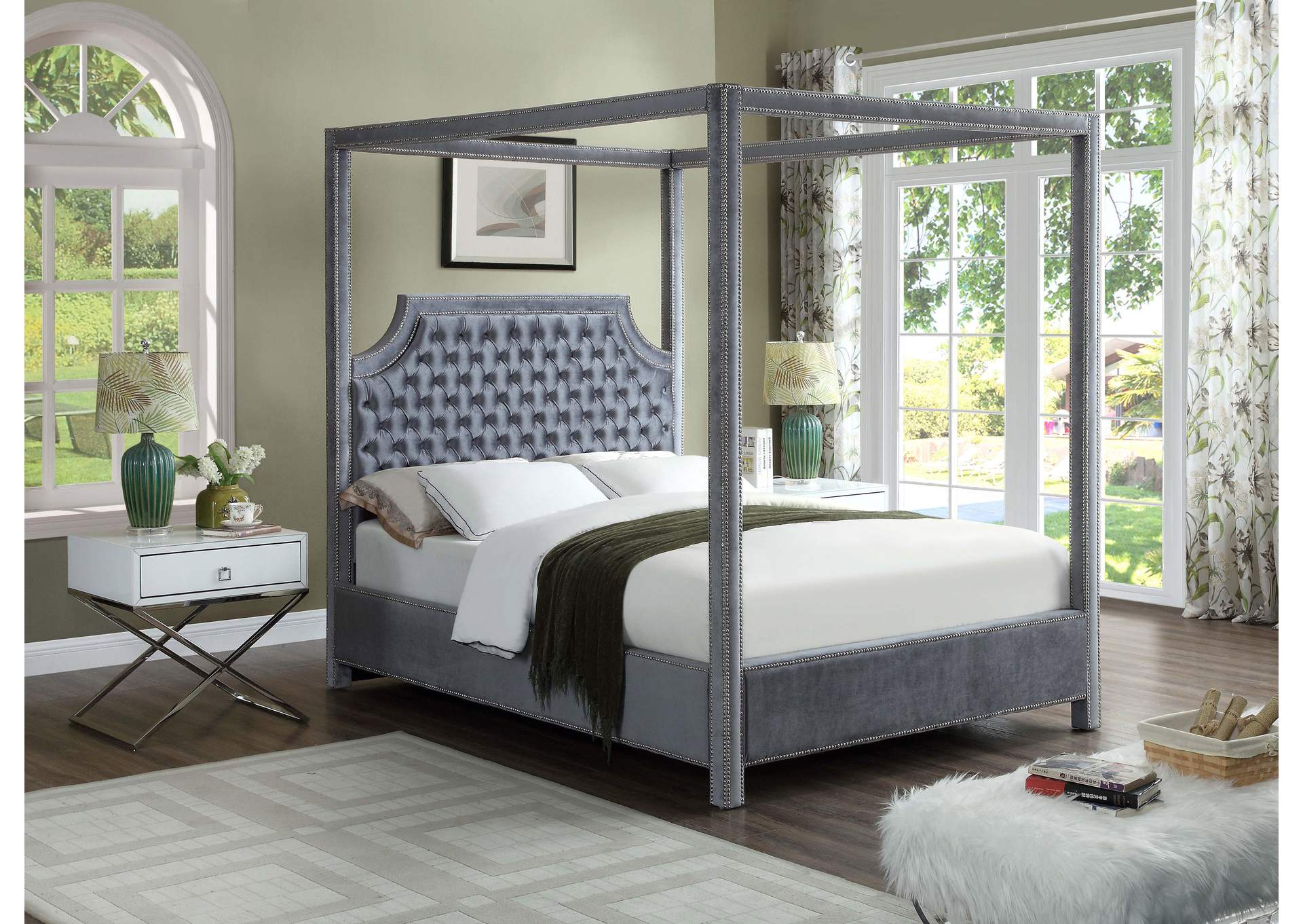 Rowan Grey Velvet Queen Bed (3 Boxes),Meridian Furniture
